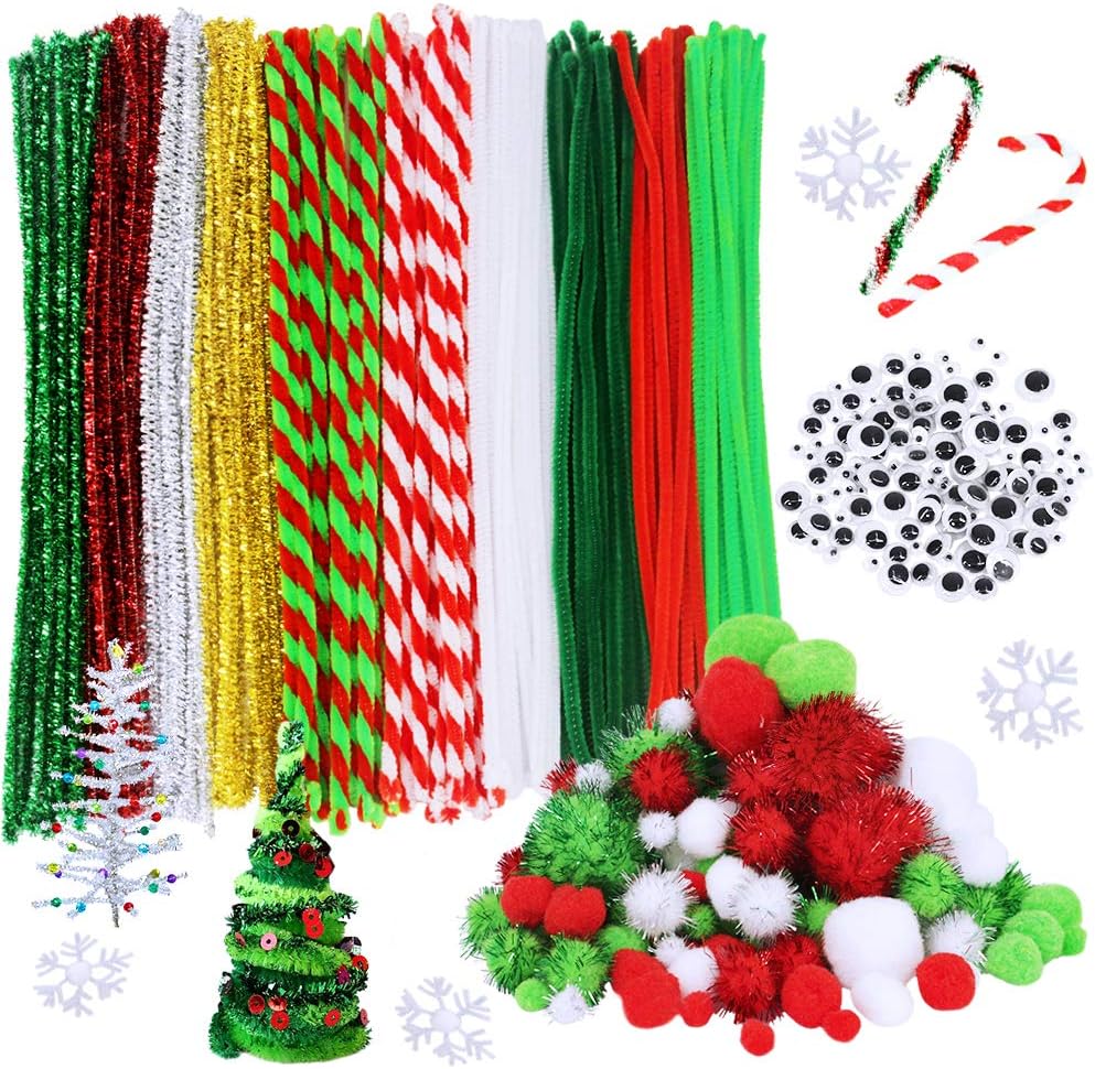 BESTTOYHOME 330 Pieces Christmas Striped Chenille Stem Candy Cane Pipe Cleaners Set, Including 100 Pieces Pipe Cleaners, 6 Size Pom Poms and 4 Size Wiggle Googly Eyes for Craft DIY Art Supplies