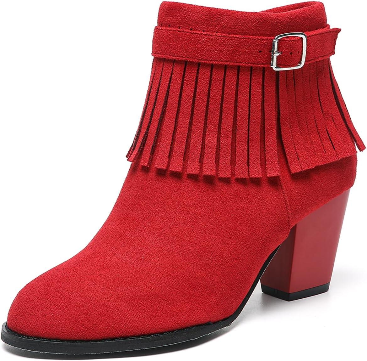 Women's Stacked Heel Suede Ankle boots with Tassel Buckle Comfortable Side Zipper Round Toe Chunky Block Heel Chelsea Short Booties
