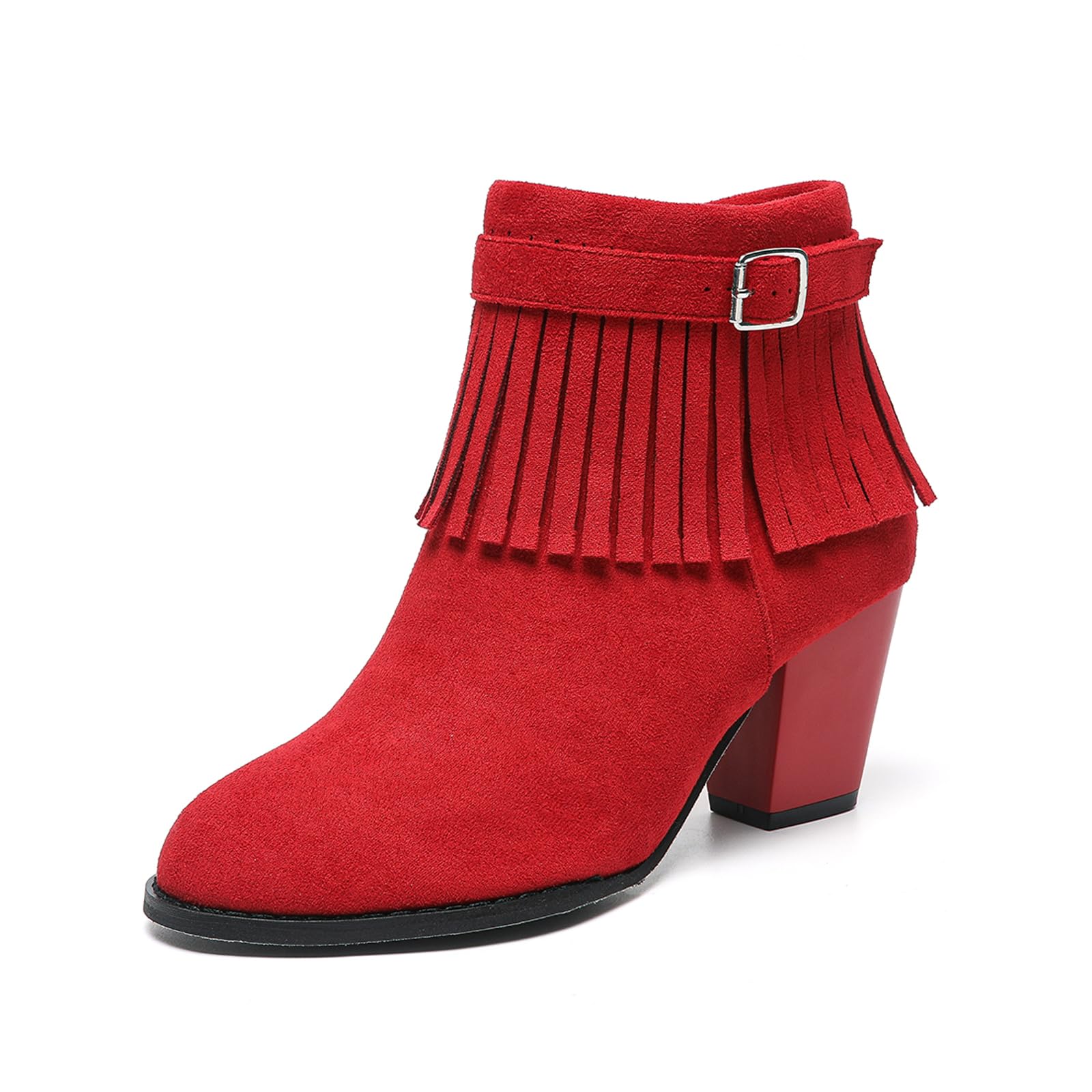 Womens Stacked Heel Suede Ankle boots with Tassel Buckle Autumn Winter Style Comfortable Side Zipper Pointed Toe Chunky