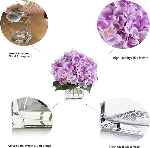 Miniatura 5 de ENOVA FLORAL Hortensias artificiales de seda en jarrón con agua sintética, arreglos florales de seda en jarrón para decoración del hogar, mesa de