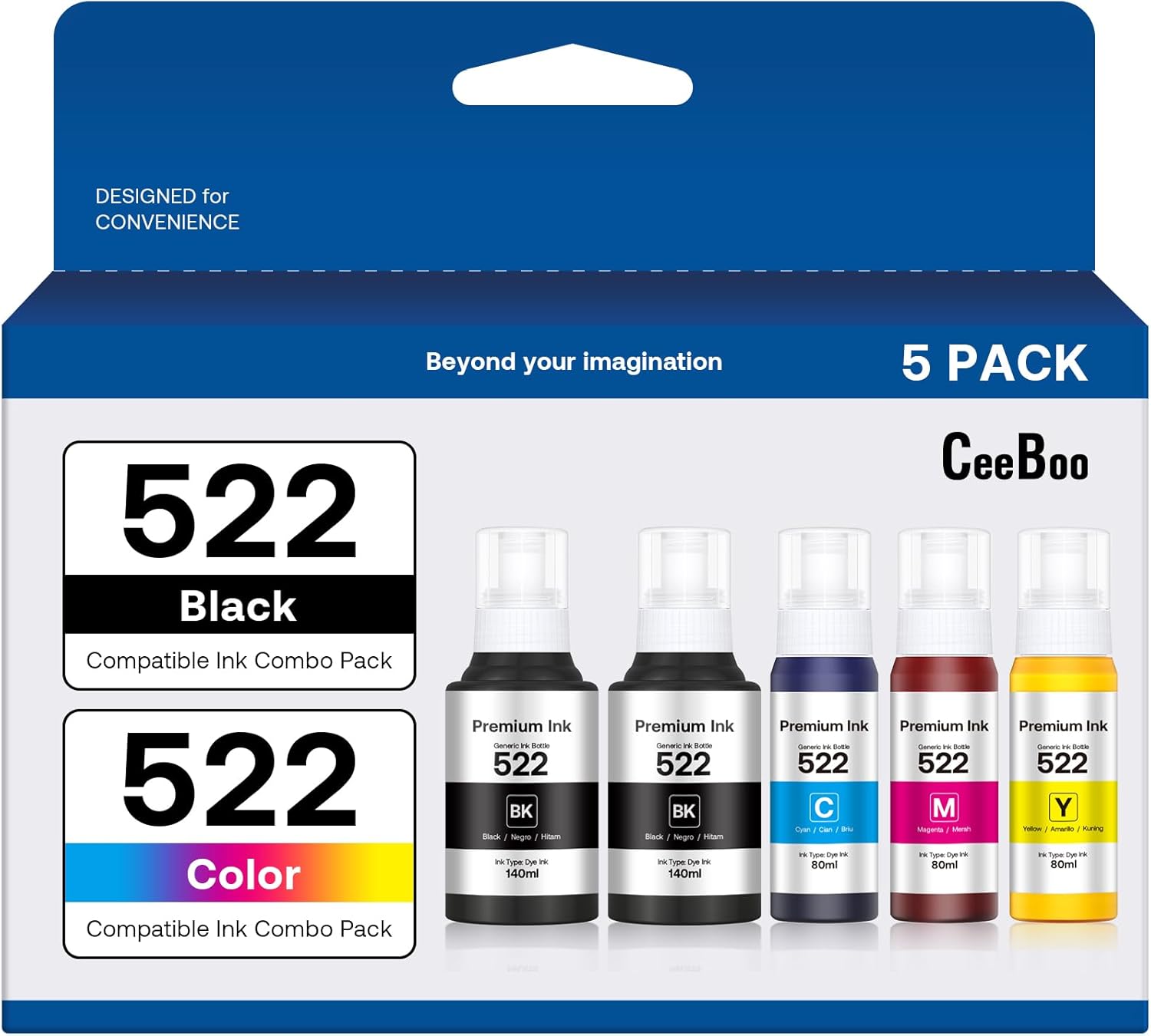 CEEBOO 522 Refill Ink Replacement for Epson 522 (Not Sublimation) - 2 Black 140 mL, 1 Cyan, 1 Magenta, 1 Yellow 80 mL, 5 Bottles 522-140+80-1+1