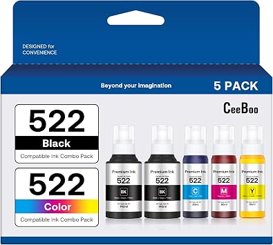 CEEBOO 522 Refill Ink Replacement for Epson 522 Not Sublimation - 2 Black 140 mL, 1 Cyan, 1 Magenta, 1 Yellow 80 mL, 5 Bottles