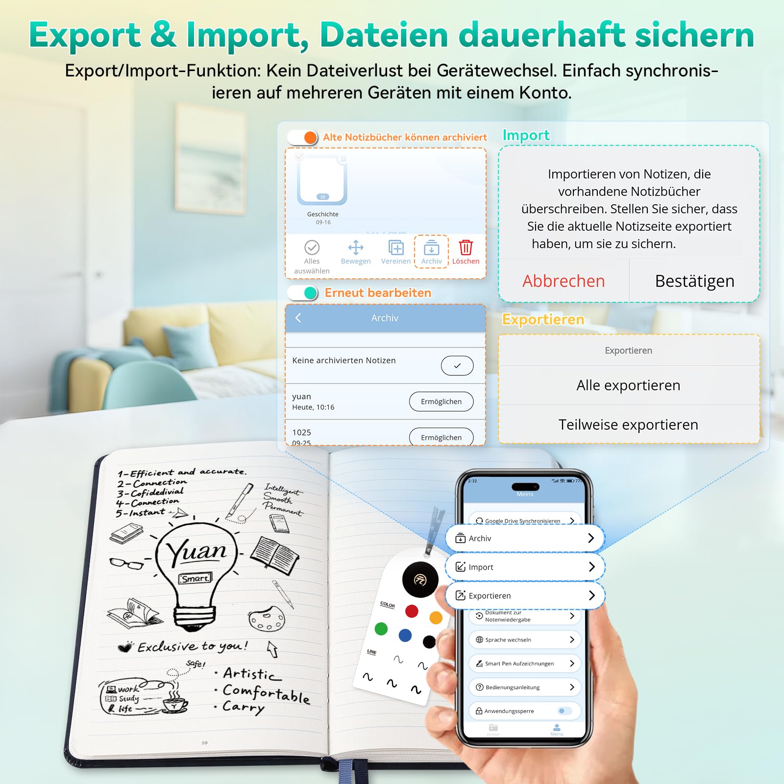 YUAN Digitales Notizbuch Smart Writing Set: Mit Smart-Pen & Notebook Echtzeit‑Sync. und Teilung für Notizen, Zeichnungen & Meetings, mit tragbarem Mini‑Notizbuch und Ersatzminen