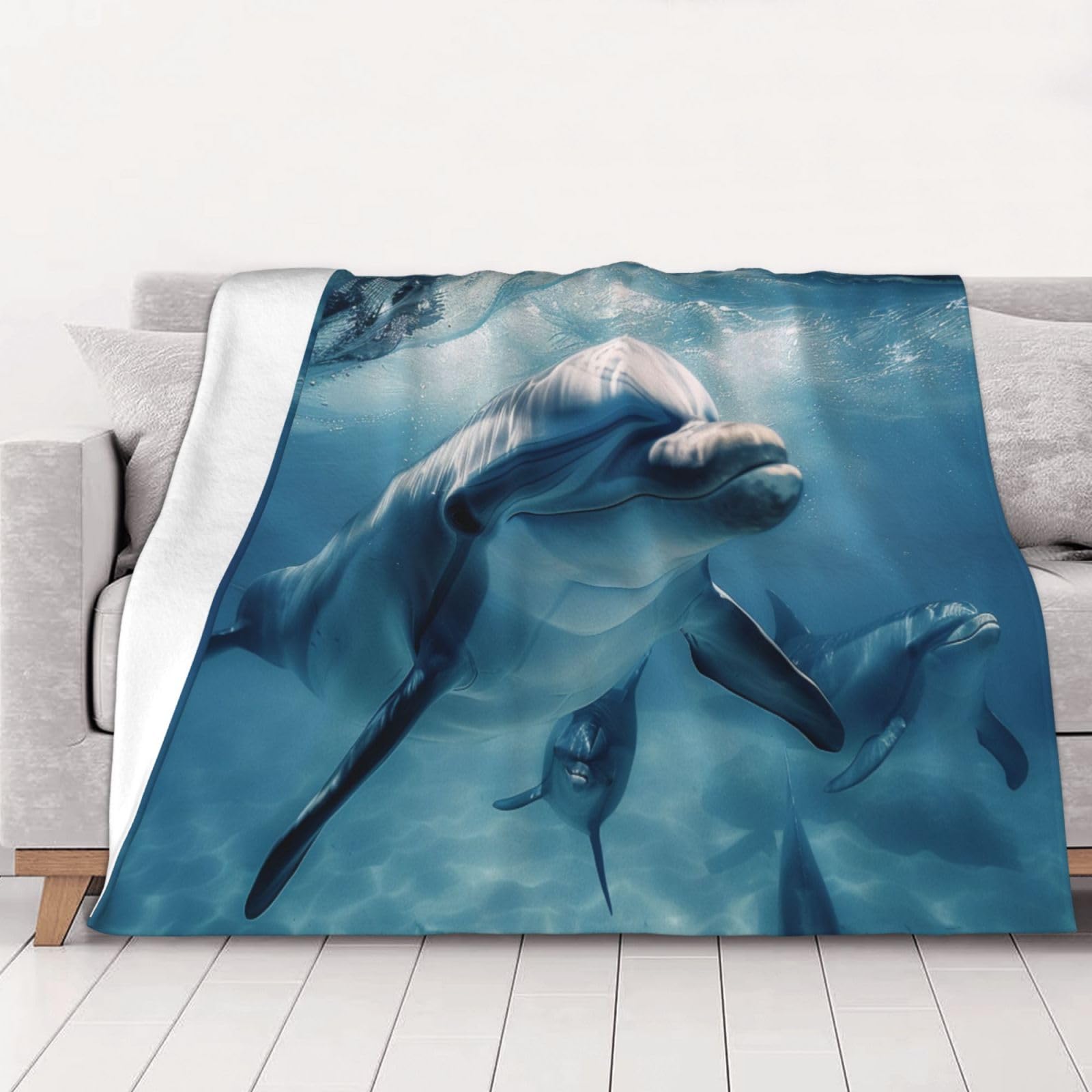 AUBKFELD cute Dolphins Printed Flannel Blanket 150x125 CM, Soft & Warm Throw Blanket for Sofa/Couch/Bed/Car, Gifts for Audlts Women Men