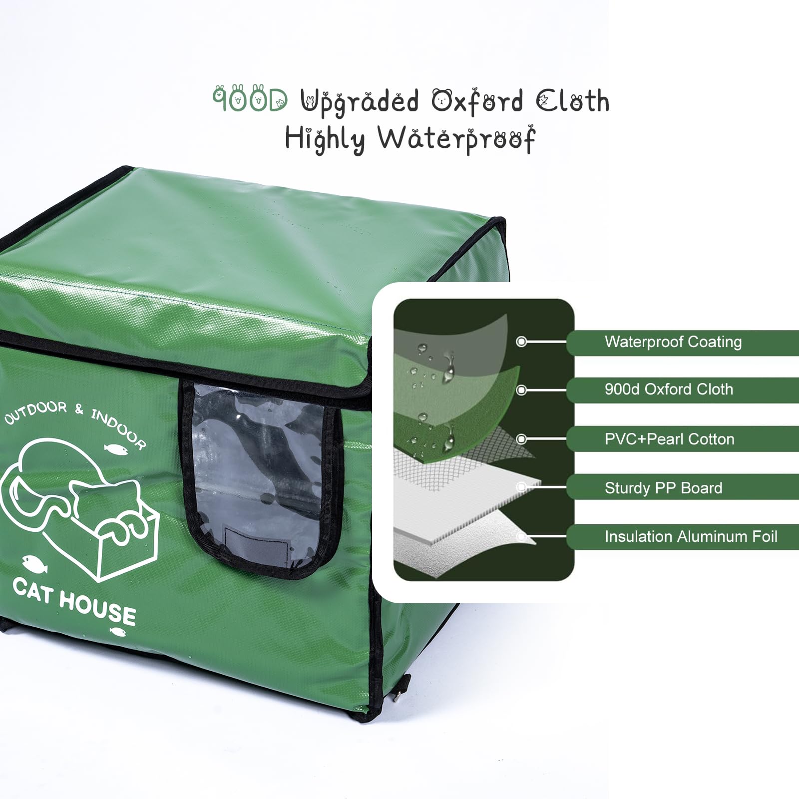 Condition photo showing New/Like New for cat house outdoor with two-sided escape door, insulated and waterproof, outside weatherproof feral cat shelter for winter, oxford cloth upgraded (green, s)