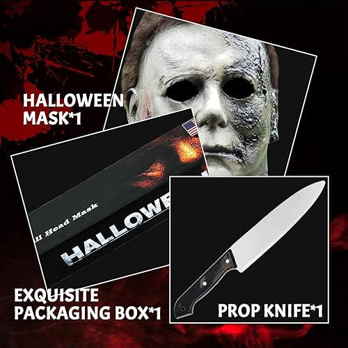 Miniatura 6 de Máscara de Halloween aterradora para adultos con cuchillo clásico, accesorio de disfraz de terror espeluznante para cosplay (negro)