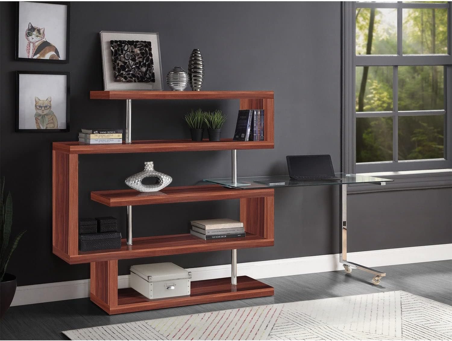 Writing Desk W/Shelf Clear Glass Walnut Chrome Red Modern
