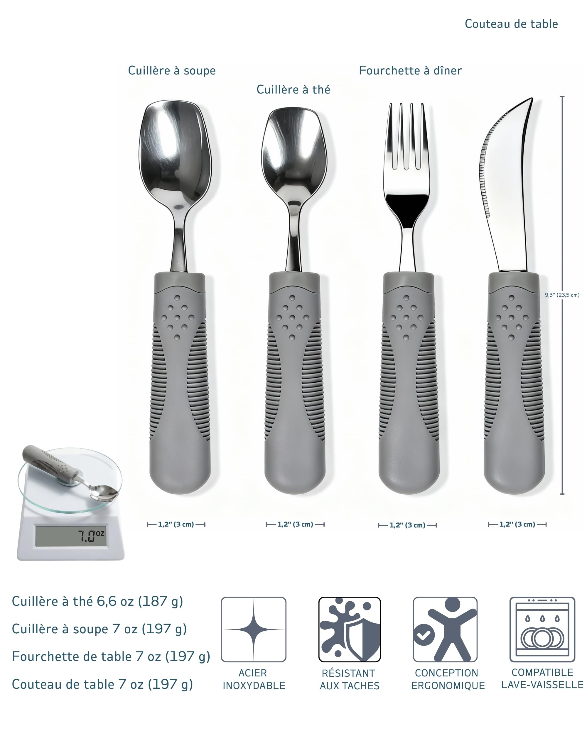 Couverts Lestés Adaptatifs 198g – Tremblements, Parkinson's – Couteau Berçant, Cuillère Pelle, Poignée Ergonomique (Gris)