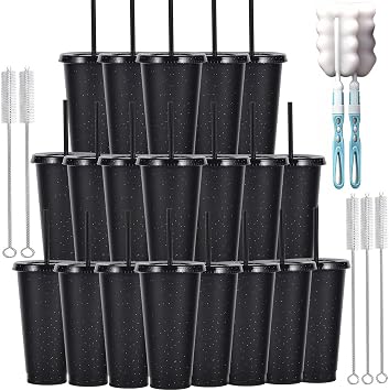 710 ml Plastic Cups with Lid and Straw Pack of 10 for Adults and Children Reusable Smoothie Cups Perfect for Parties Beach and Pool Parties 20 Black