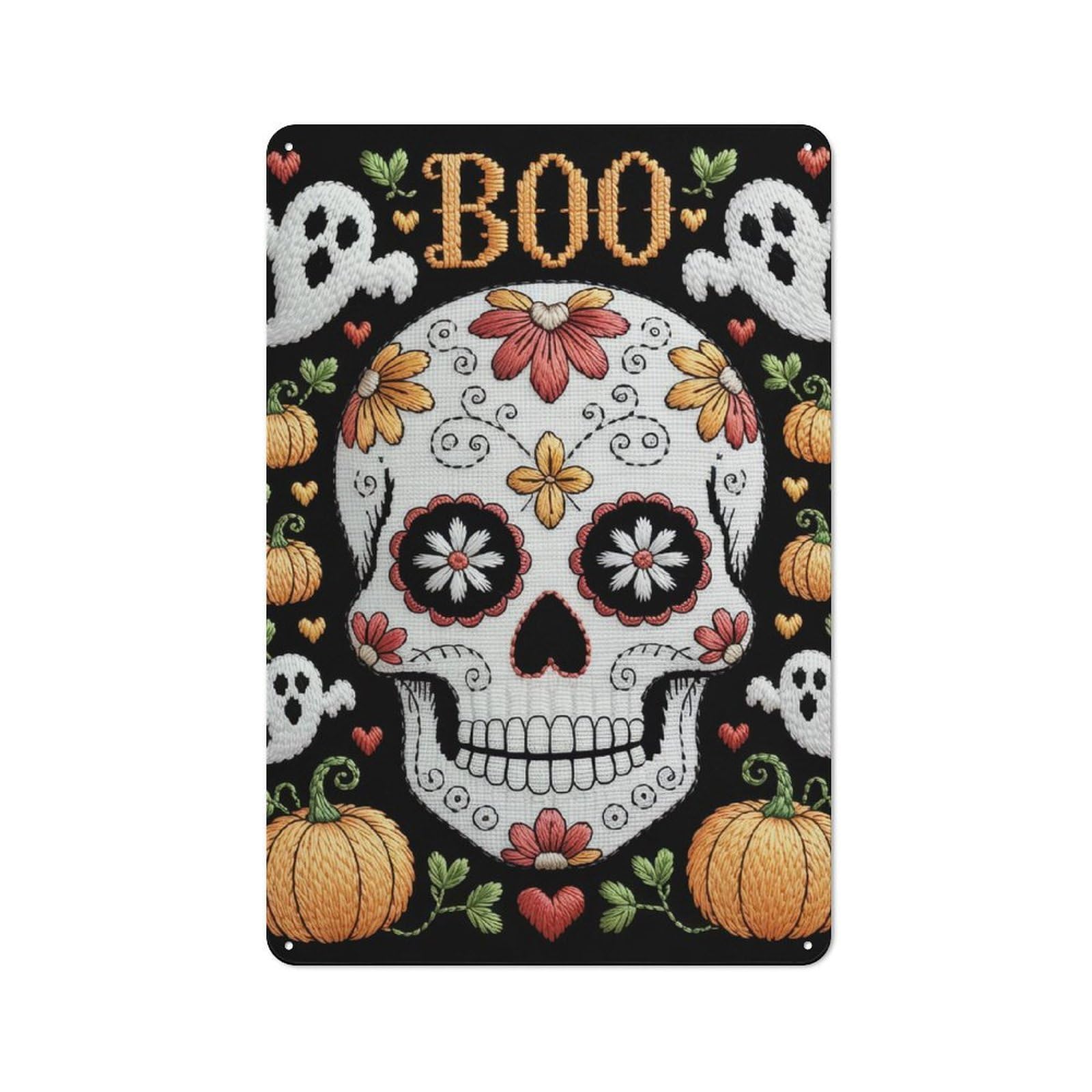 Junmoney Halloween Embroidery Skull With Pumpkins And 30X20cm Retro-Style Tin Sign With Ghosts For Café Or Restaurant, Winter Wall Decor For Hospitality Interior Collectors