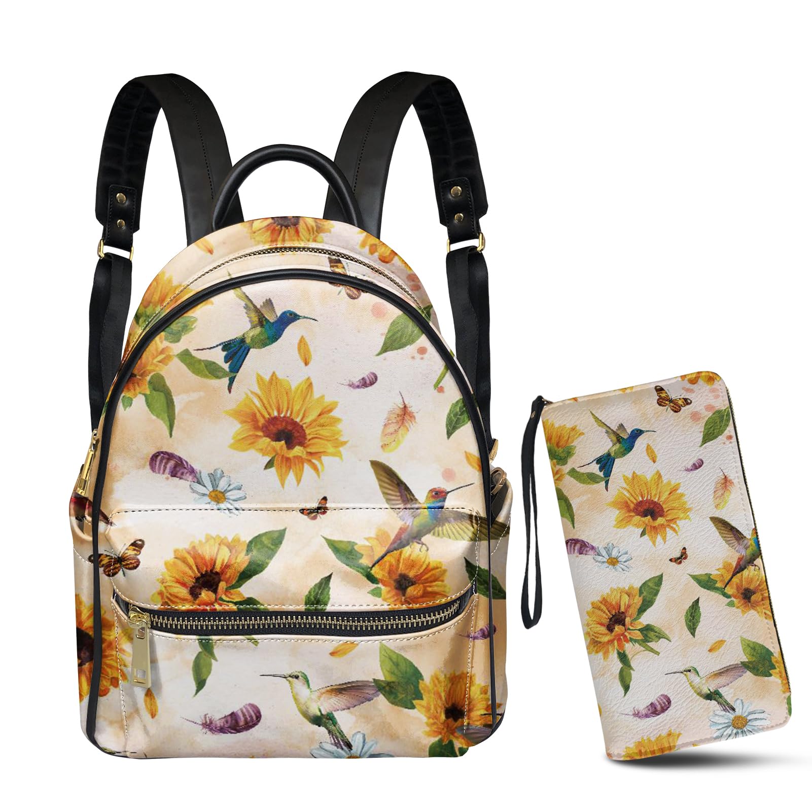 GLENLCWE Hummingbird Sunflower Women's Leather Mini Backpack Purse Wallet,2Piece Zip Travel Satchel Handbag,Lightweight,2Piece