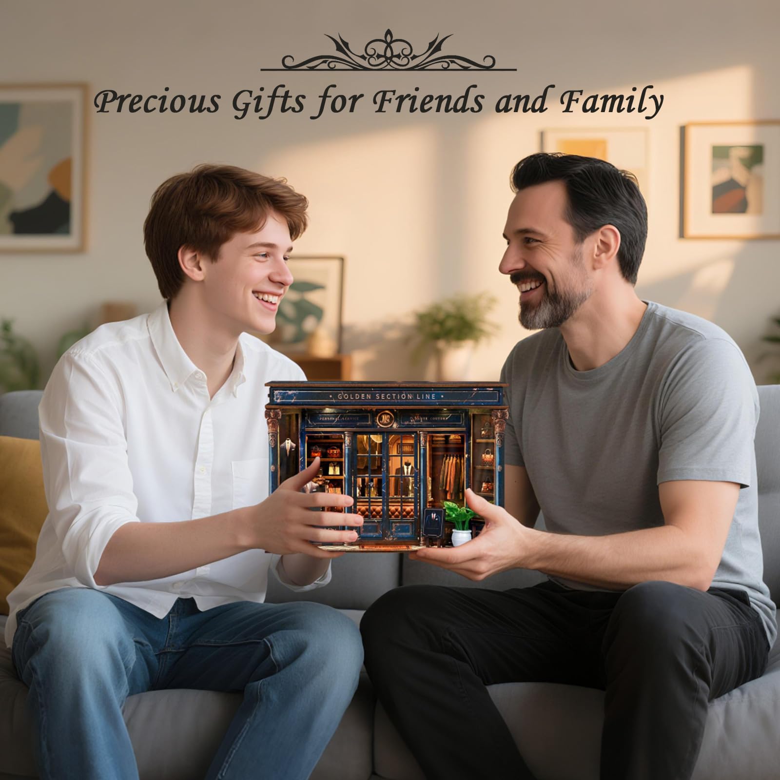 Book Nook Kit – model złoty krój (luksusowy styl retro), miniaturowe drewniane puzzle 3D z oświetleniem LED, zestaw do majsterkowania dla dorosłych i nastolatków, prezent i dodatek do domu