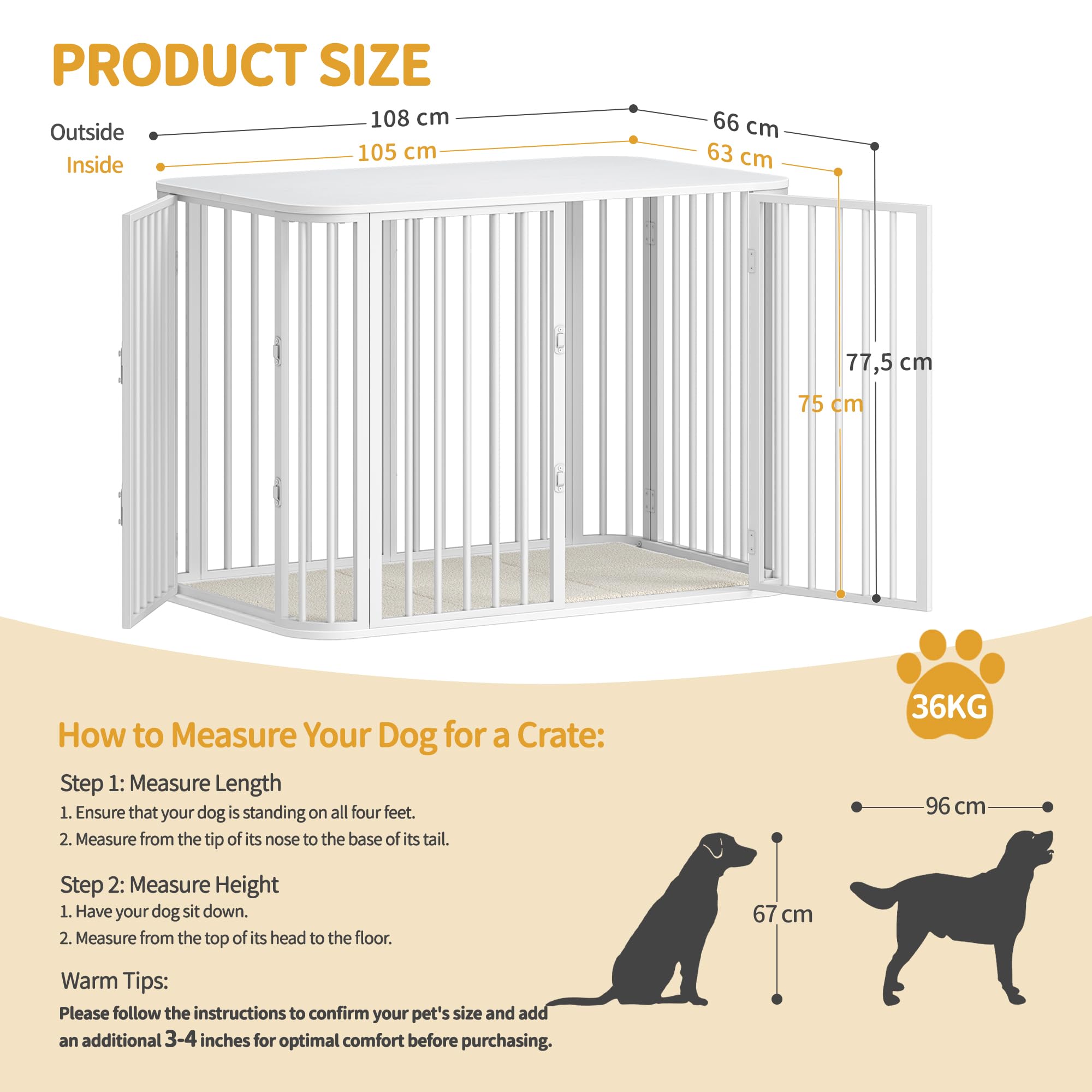 Hzuaneri Gabbia per Cani da Interno 108 cm, kennel Cane Medio con Cuscino, 3 Porte per Cani di Piccola Media, 66 x 108 x 77,5 cm, XXL, Bianco DFC86713W