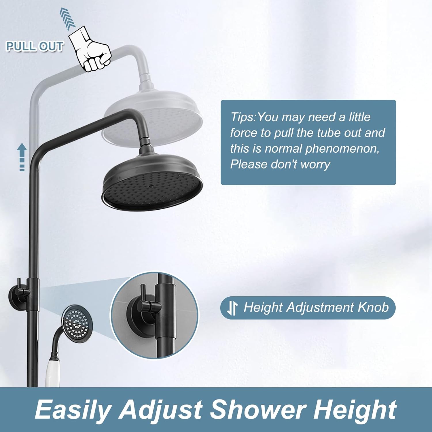 BWE Exposed Bathroom Shower Faucet Set Black Bathroom Shower Faucet Triple Functions 8 Inch Rainfall Shower Head Handheld Spray with Tub Spout Exposed Shower System Double Handle