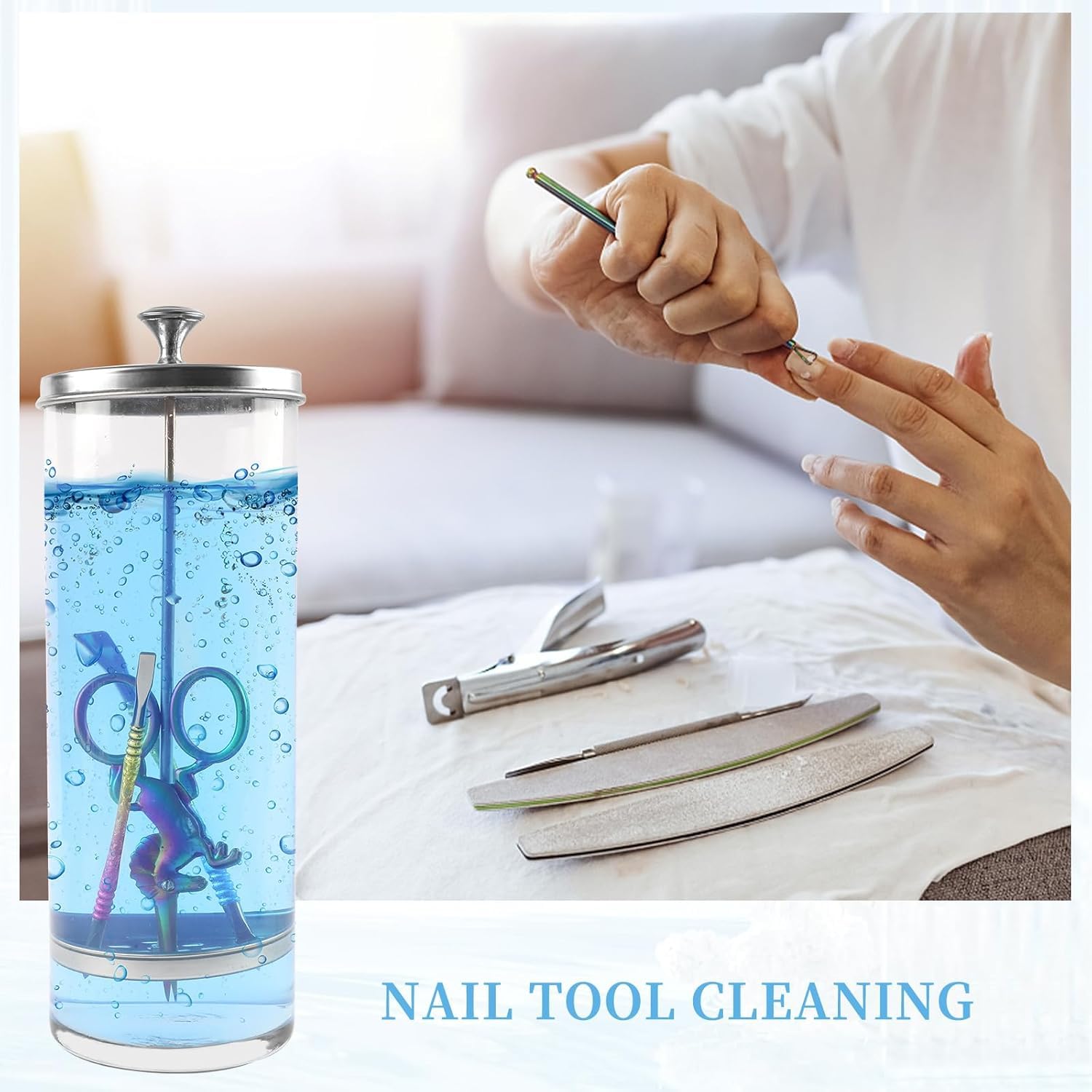 BOMOQING 35OZ Barber Jar for Manicure & Pedicure Implements, Salon Barber Tools with Removable Straining Tray (1035ml)