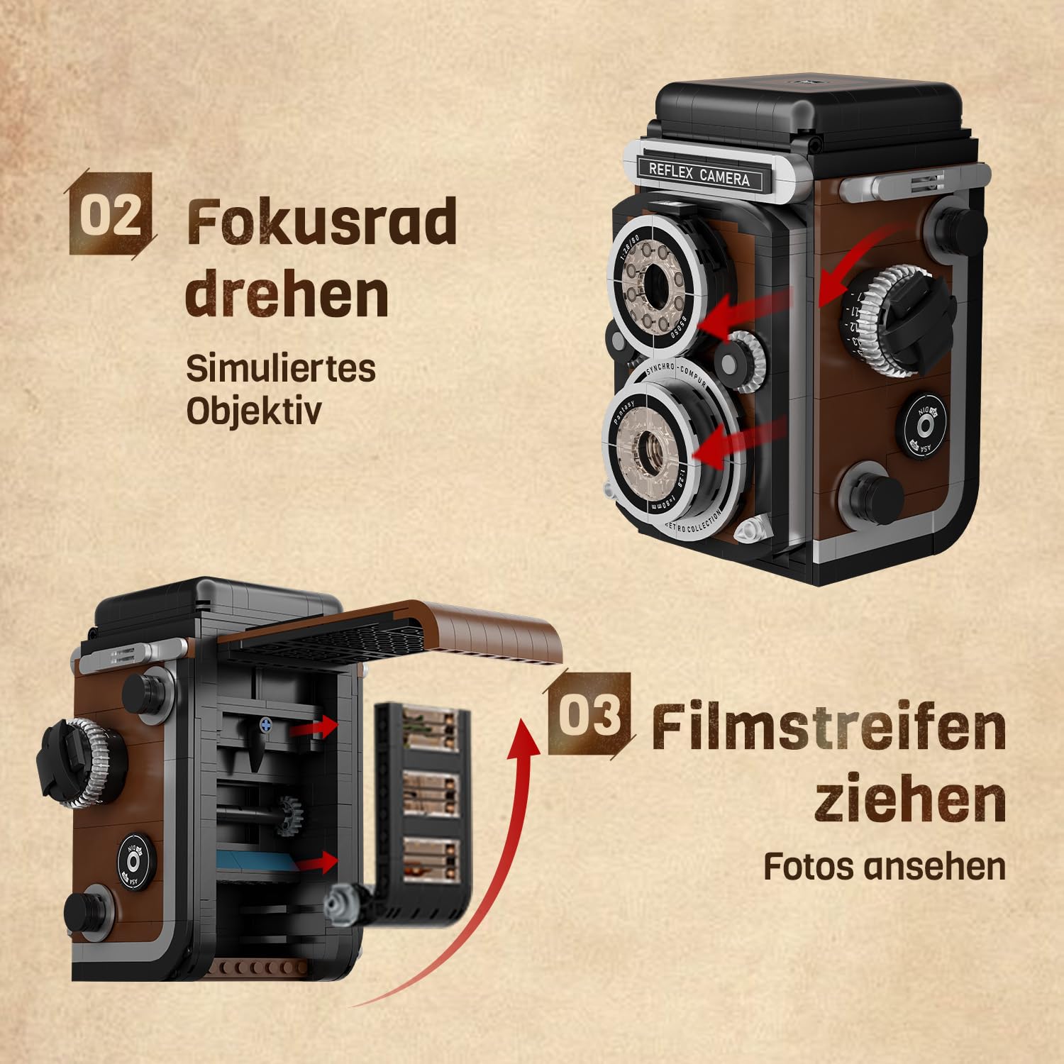 PANTASY Retro Kamera Klemmbausteine Set für Erwachsene | Klassische Doppelobjektivkamera mit interaktiven Funktionen, Vintage-Fotoapparat als dekoratives Sammlermodell