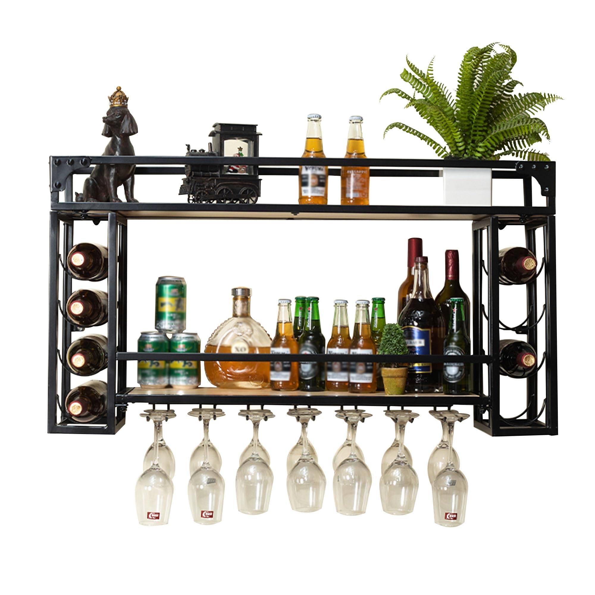 Porta Vottiglie di Vino Portavino con Porta Calici da Parete Cantinetta Vino con Porta Bicchieri Sospesi Angolo Bar per Casa Sala da Pranzo Cucina(150cm/59in)
