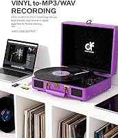 Vista 5 de Tocadiscos de maleta con Bluetooth vintage con altavoces integrados, tocadiscos portátil de 3 velocidades con grabadora de audio de vinilo USB