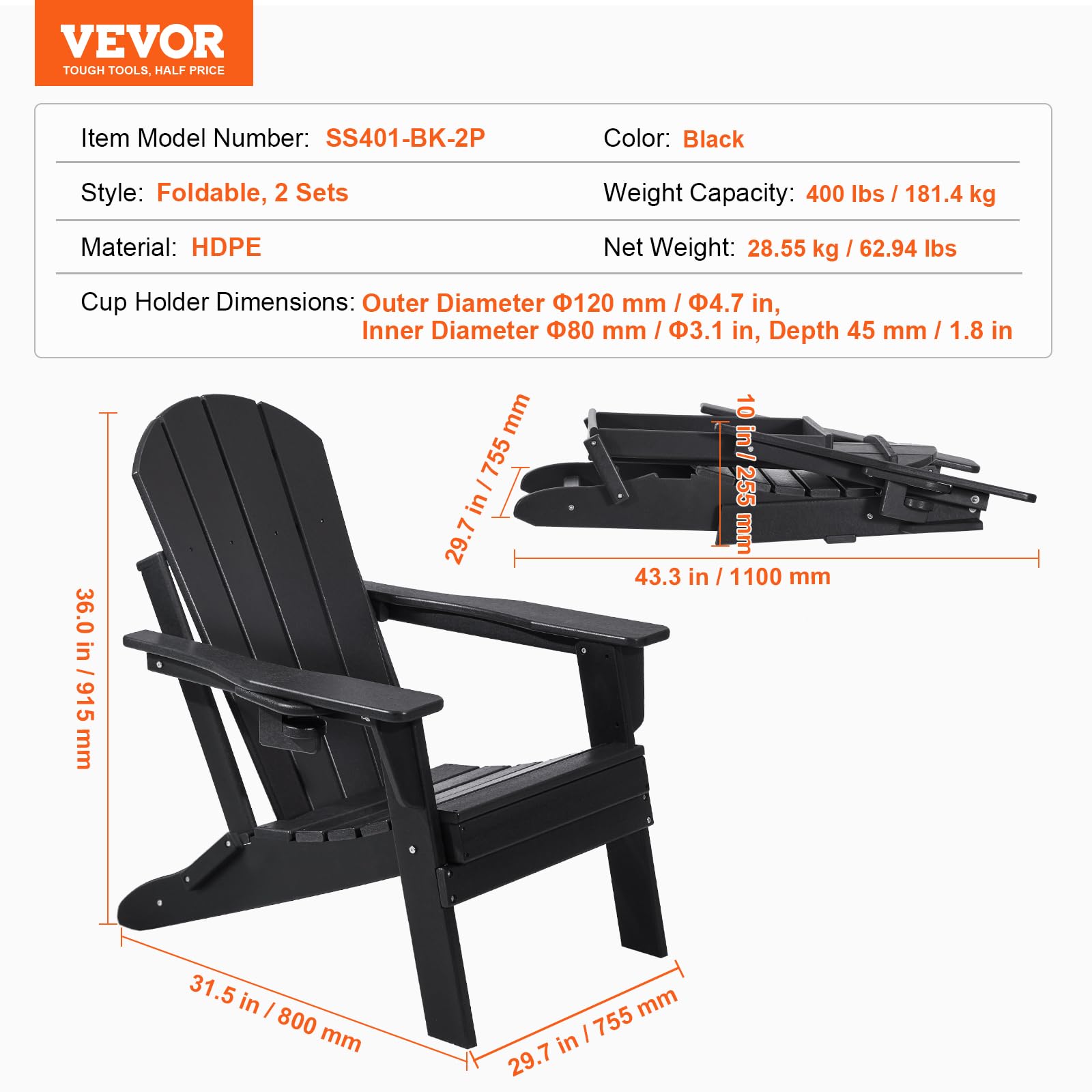 VEVOR Adirondack-Stuhl aus Kunststoff, 2er-Set, wetterfest, tragbar, klappbar, Feuerstellenstuhl, Adirondack-Terrassenstuhl für den Außenbereich mit Getränkehalter