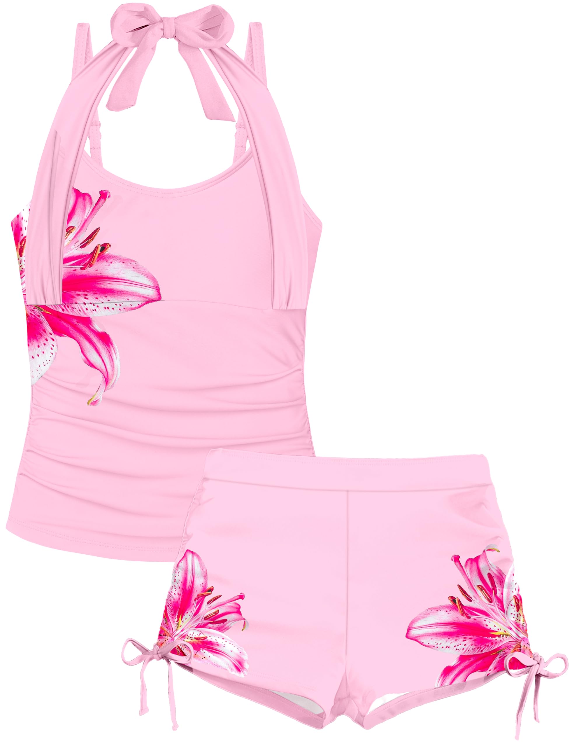 Girls Swimsuit 2 Piece Halterneck Girls Tankini Swimsuit Drawstring Printed Swim Shorts Girl Bathing Suit for 7-18T