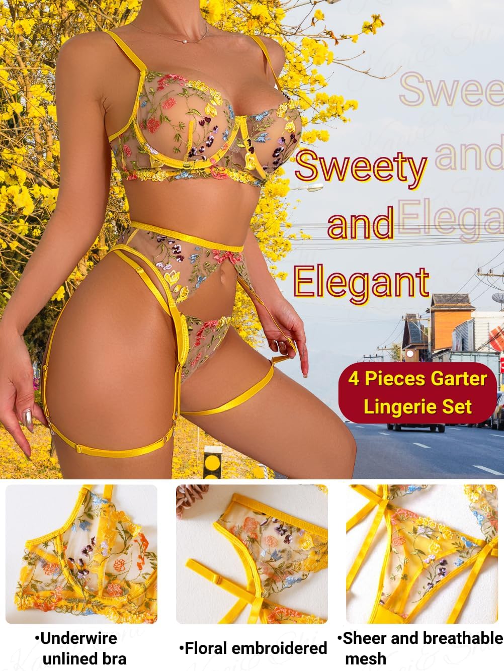 Kaei&Shi Vibrant Floral Embroidery, Underwire, Thong, Thigh Straps, Lingerie Set