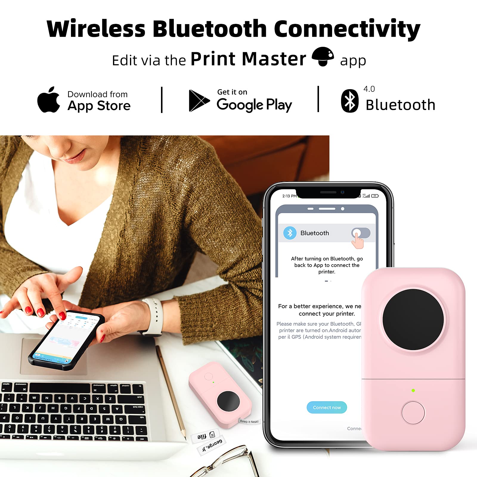 Phomemo D30 Bluetooth Etikettendrucker - Beschriftungsgerät Selbstklebend Mini Etikettiergerät,Label Printer mit 5 Rollen etikettenpapier Geschenkbox,Labelmaker Geeignet für Haushalt und Büro - Rosa
