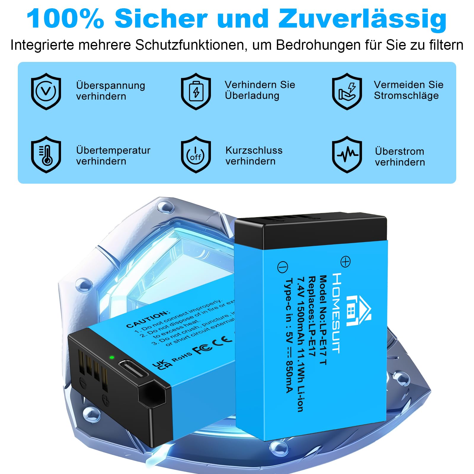 Homesuit LP-E17 Akku 1500mAh & 2-in-1 Ladekabel für Canon EOS R8, R10, R50, RP, R100, M3, M5, M6, M6 Mark II, 200D, 250D, 77D, 750D, 760D, 800D, 8000D Rebel SL3, SL2, T8i, T7i, T6i, T6s (2er-Pack)