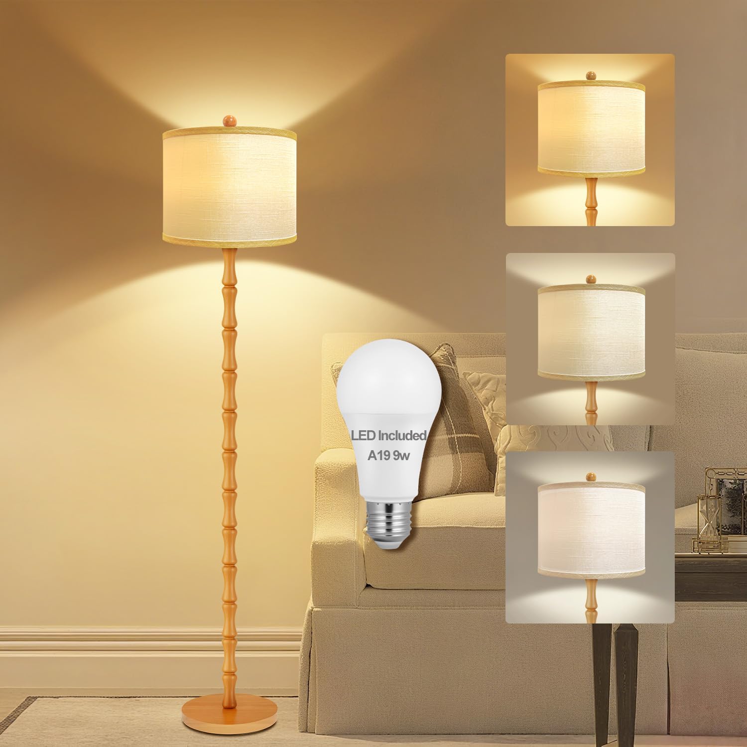 Vinaco 64" Rustic Farmhouse Floor Lamp, 3 Color Temperatures Wood Floor Lamp, Retro Standing Lamps with Rotary Switch, Tall Lamps for Living Room, Bedroom CornerOffice, Dining Room(9W Bulb Included)