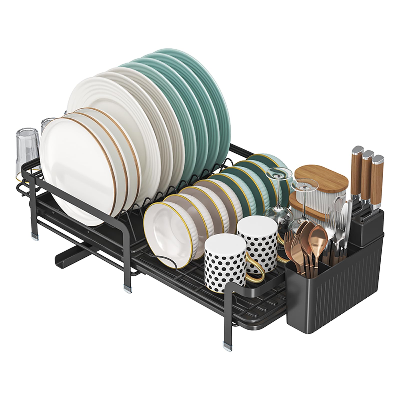 JOUING Dish Drainer Rack Expandable Draining Board Rack Metal Dish Drying Rack with 360°Swivel Spout Kitchen Sink Drainer with Removable Cup and Cutlery Holder (Black)