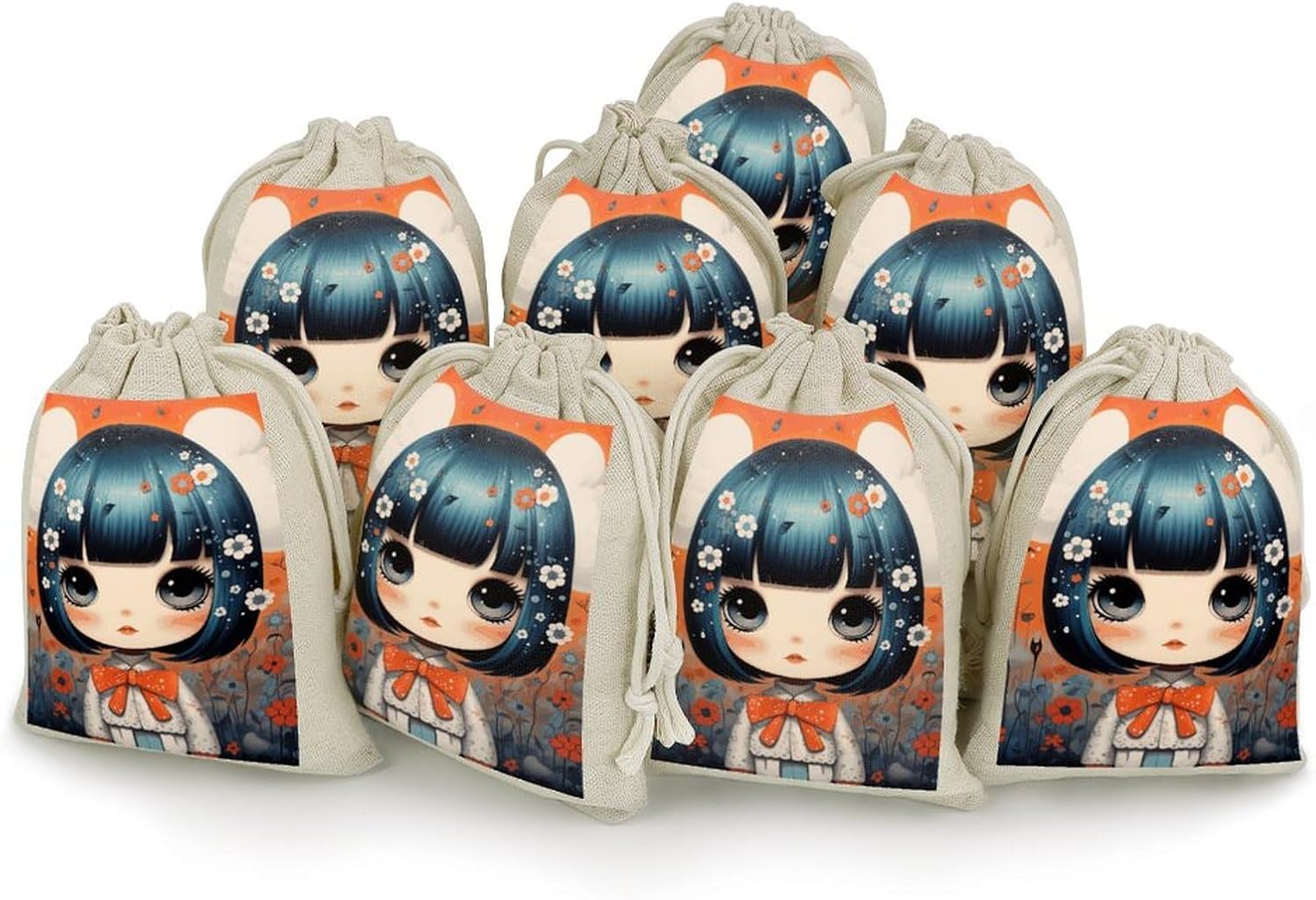 Anime Pictures Drawstring Gift Bags 8 PCS Muslin Bag Cotton Gift Wrap Pouches Sachet Empty Small Cloth Drawstring Bags Pouch for Cooking Tea Jewelry Weeding 6.7x4.9 Inch