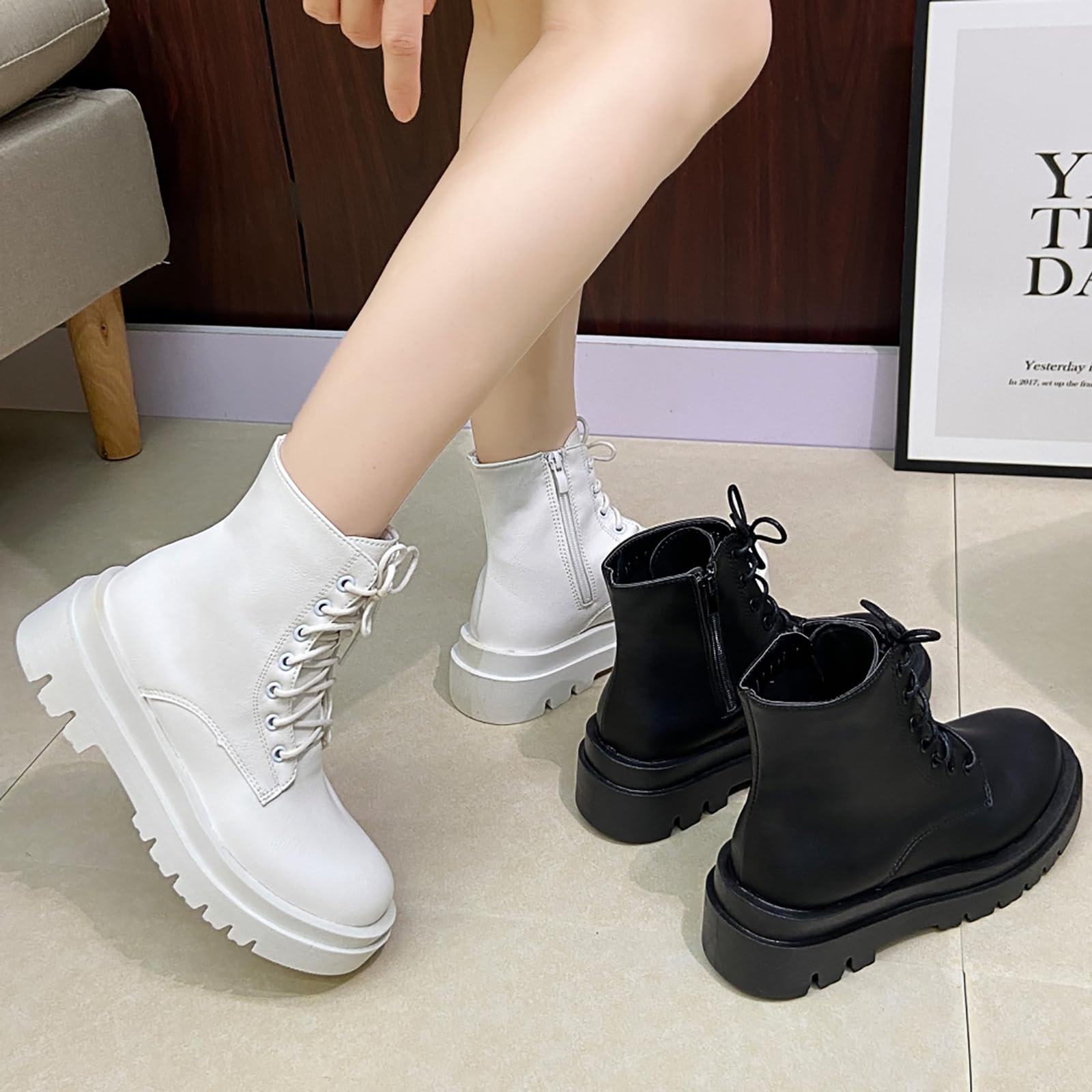 Bottines Militaire Femme Hiver Lacet Talon Carré Boots Ranger Chaussures