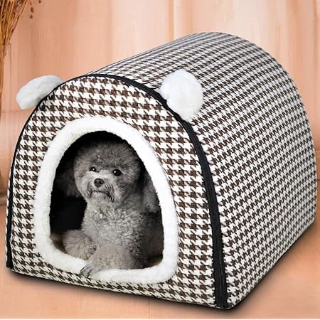 Amazon ペットベッド ドーム型 ペットハウス 2way 犬猫用 室内用 オールシーズン ふわふわ クッション付き 犬小屋 屋根付き 猫 テント おしゃれ 洗える 折りたたみ可 寝床 冷暖房 ホットカーペット対応 ペット用品 小型犬 ベッド M カーキ 千鳥格子 青欣 ベッド