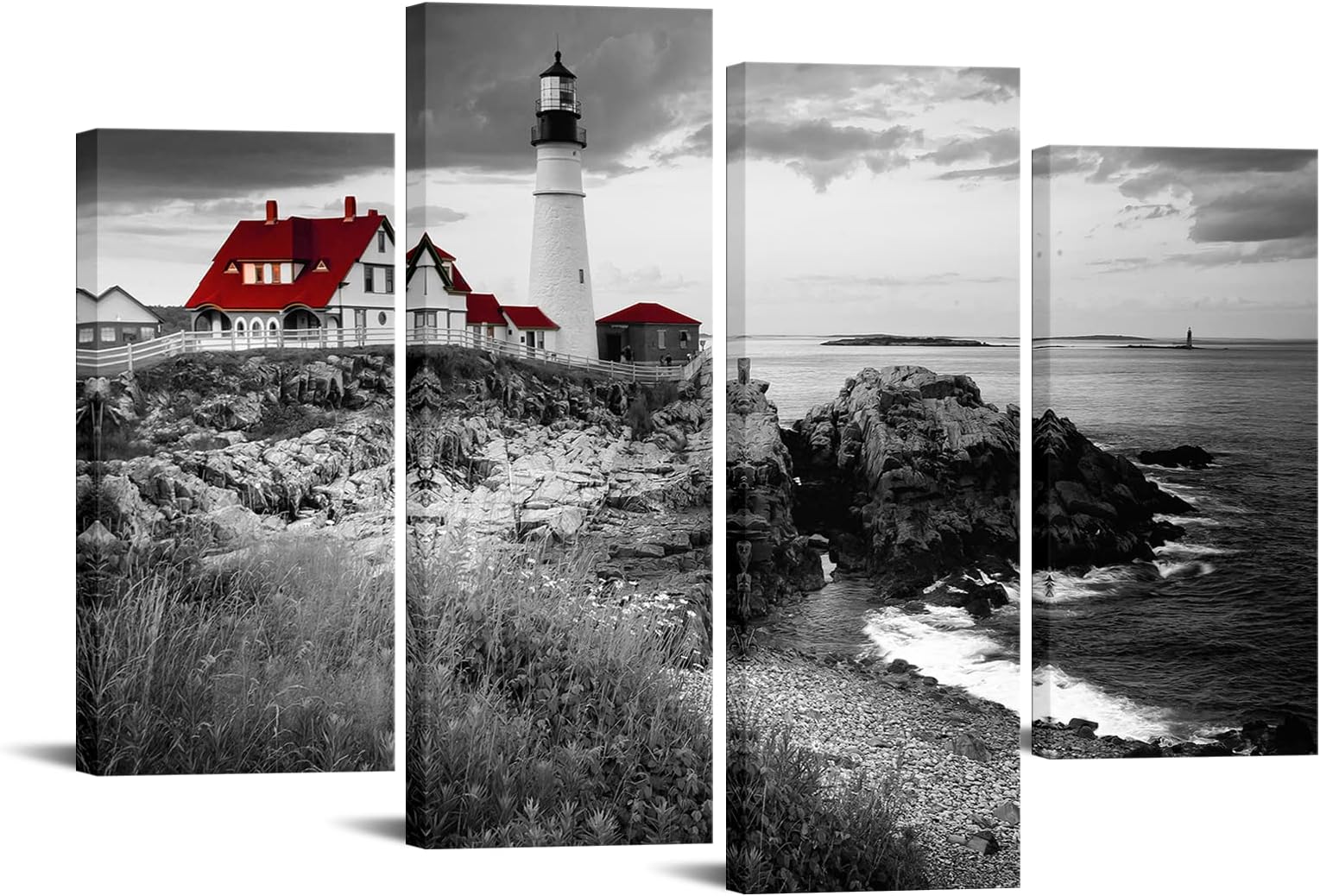 Nachic Wall 4 Piece Black and White Red Wall Art Portland Lighthouse Picture Canvas Painting Ocean Beach Landscape Artwork for Home Living Room Wall Decoration Stretched Ready to Hang