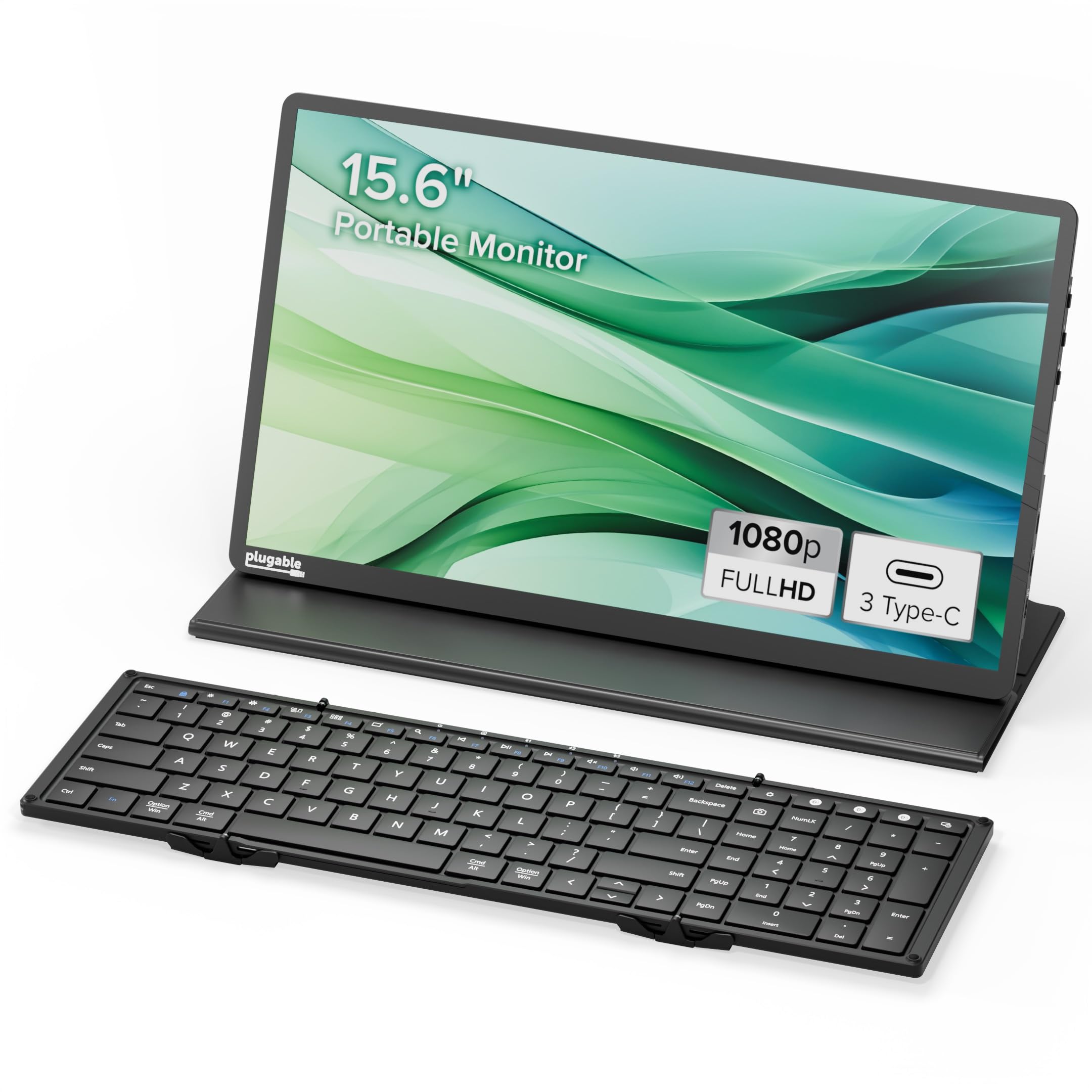 Plugable Ultimate Portable Workstation Bundle 15.6" USB C Portable Monitor with 100W Charging and Foldable Bluetooth Keyboard | Multi-Device Compatibility for iPad, iPhone, Android, and Windows