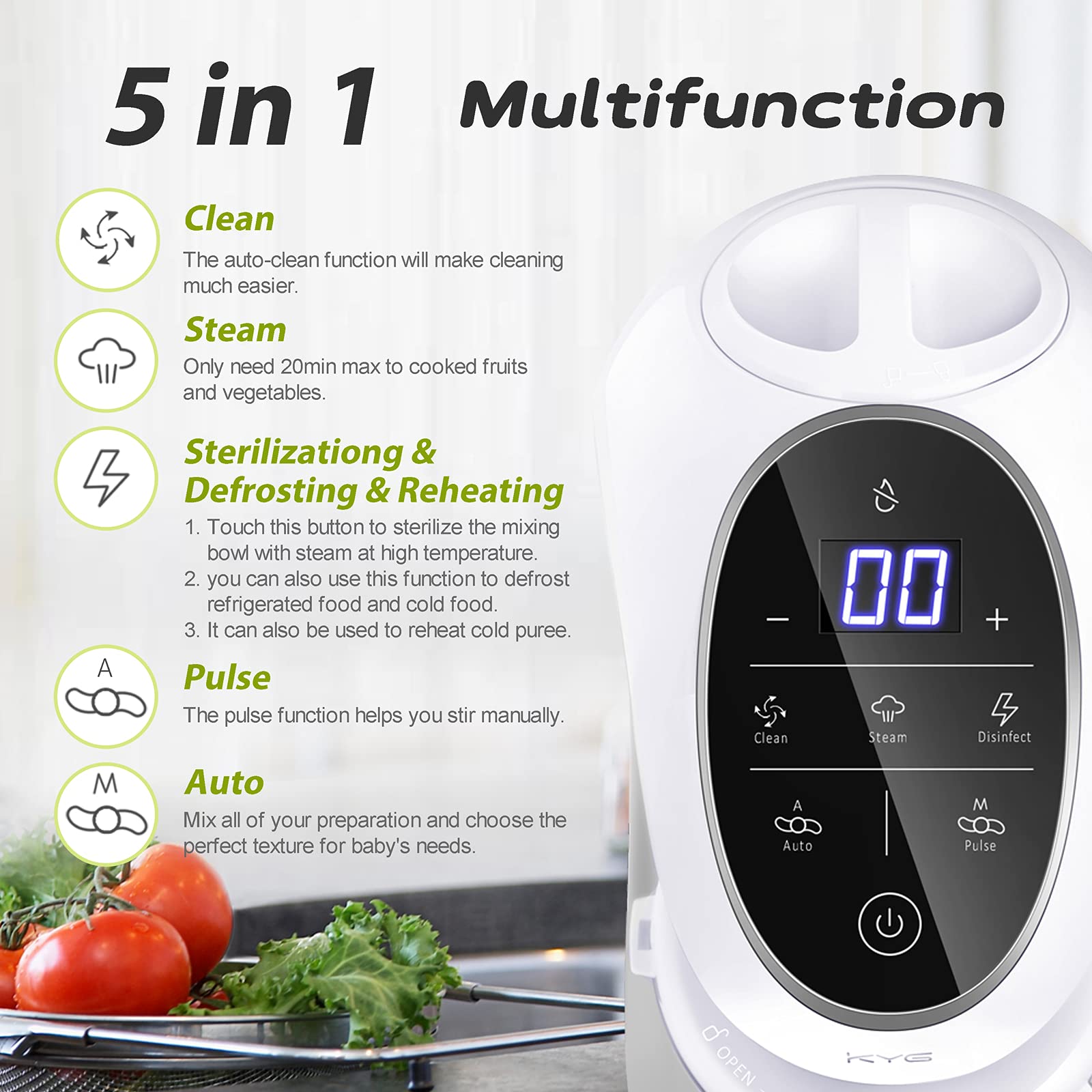 KYG 7 en 1 Mixeur Cuiseur pour Bébé Robot de Complément Alimentaire Bébé Machine à Nourriture Multifonctionnel de Vapeur, Mixeur, Réchauffage, Stérilisation, Nettoyage Automatique, Décongèle, Pulse