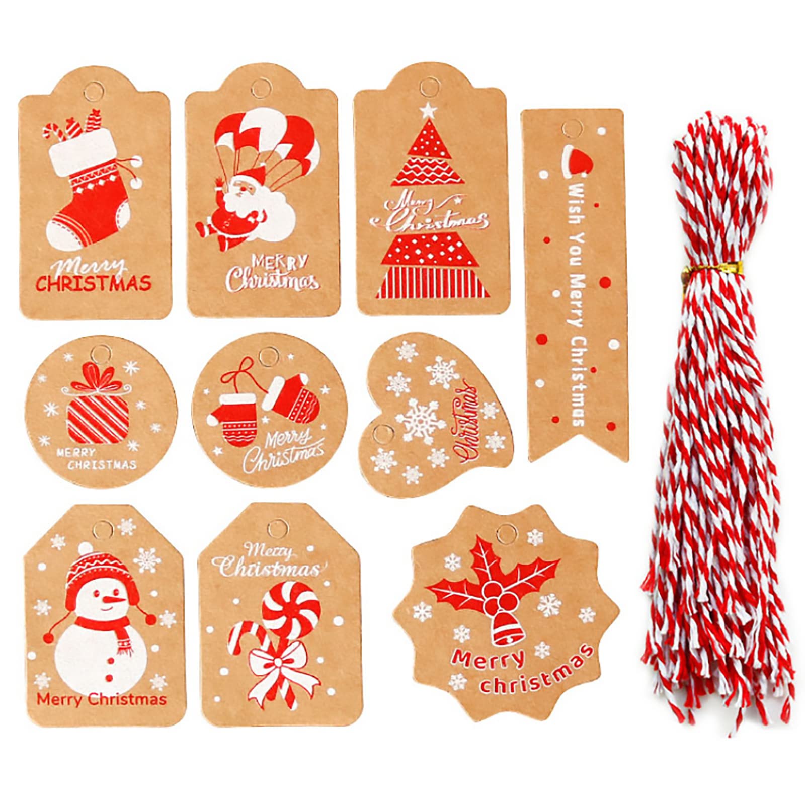 Wonkeken 220 Etichette Natalizie In Carta Kraft, 4 Stili, Con 20m Spago E Forbici - Kit Fai Da Te Per Regali, Decorazioni Albero, Crafting - 3