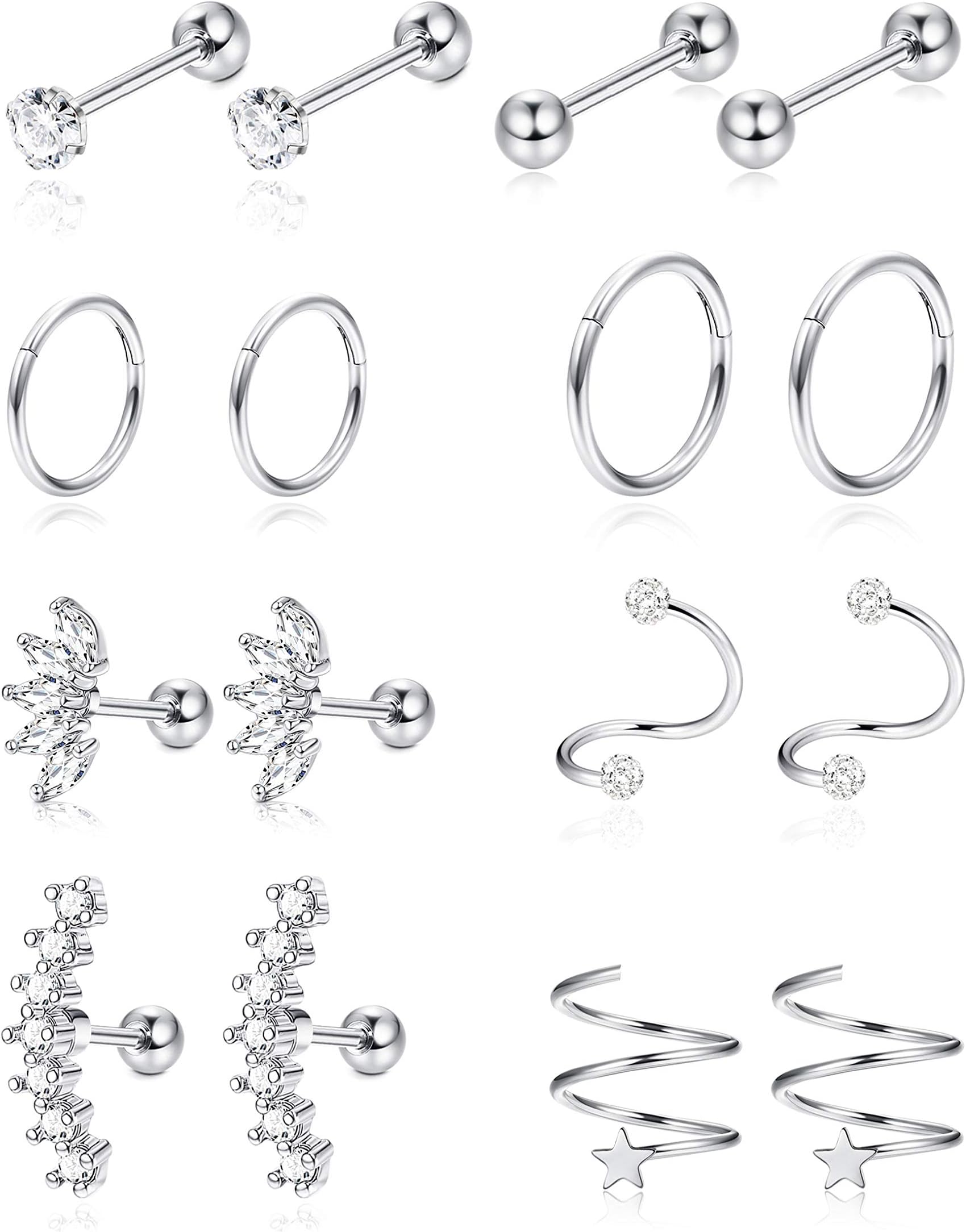 Jstyle8Pairs Stainless Steel Helix Cartilage Tragus Stud Earring Hoops for Women Grils CZ Barbell Piercing Earrings Stud Body Piercing Jewelry 16-18G