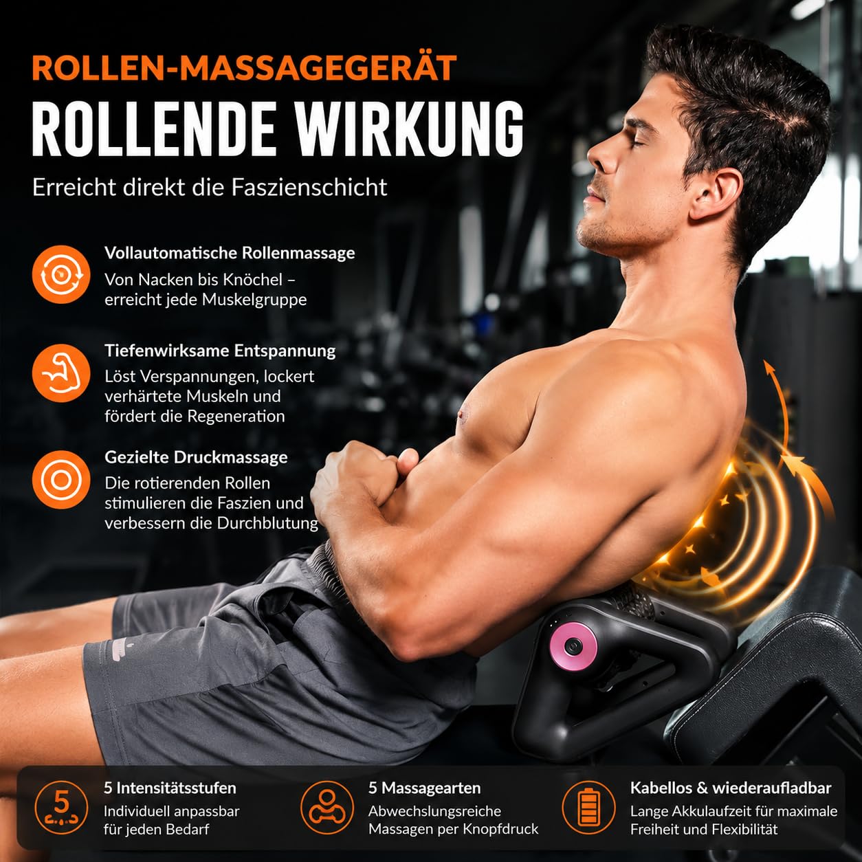 MoCho® Faszienrolle Elektrisches Rollen-Massagegerät mit 8 rotierenden Massagerollen, kabellos & wiederaufladbar, 5 Intensitätsstufen, Tiefengewebsmassage für Rücken, Nacken, Beine, Arme & Faszien