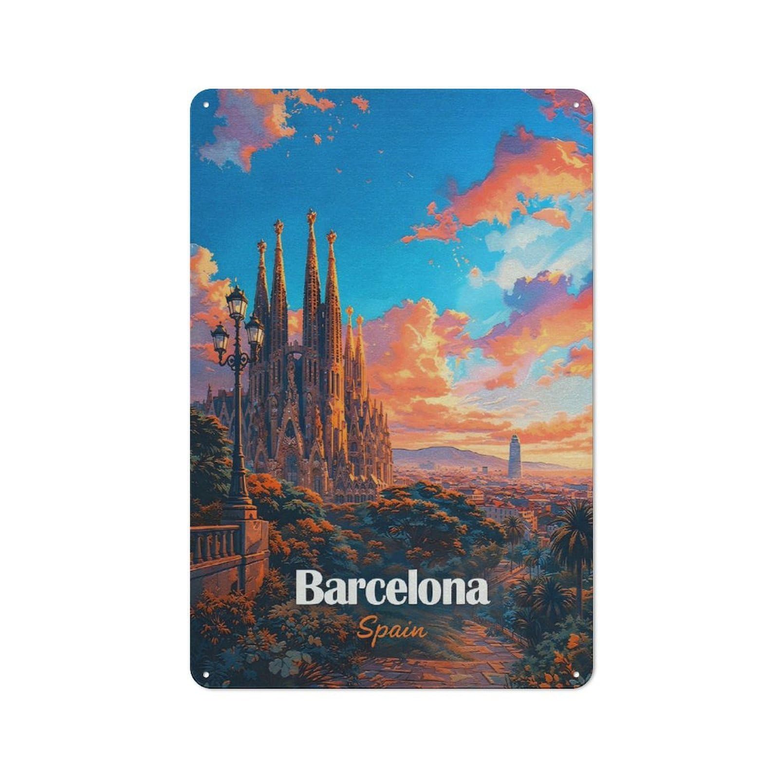 Barcelona Sagrada Familia Sunset Tin Sign 30x20cm, Vintage Home Bar Decor for Cafe, Pub, Workshop Or Home Bar, for Relaxed Wall Styling