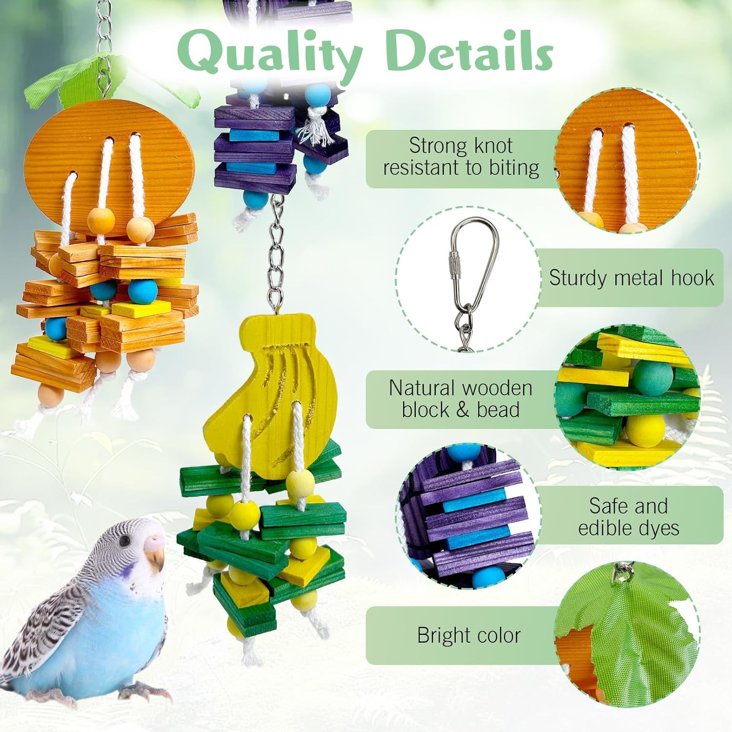 Natural Wood Parrot Toys Set of 6 Pieces for Small to Medium Parrots, Safe and Durable Bird Chew Toys, Fun and Colorful Hanging Accessories for Cage, Non-Toxic and Eco-Friendly Avian Toys - image 2