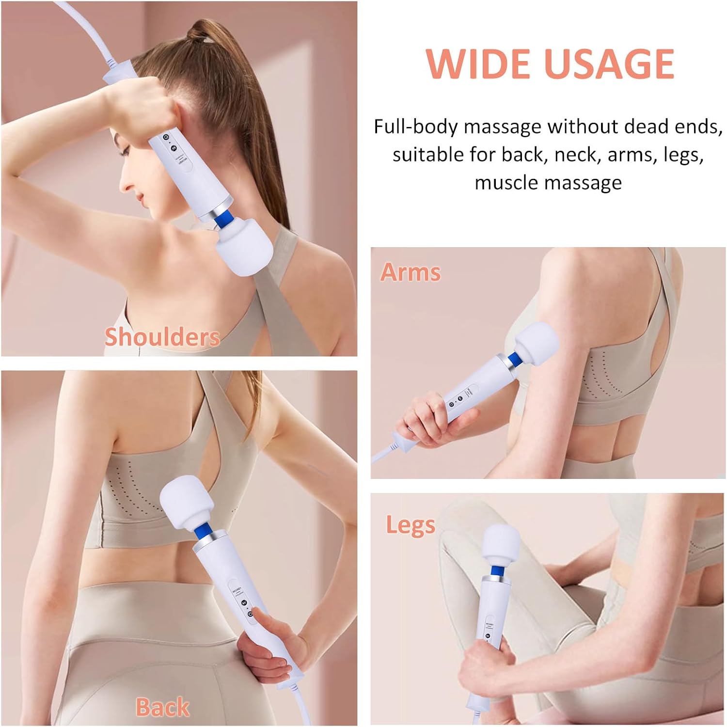 Electric Wand Massager - Powerful Handheld Back Massager with 10 Rhythmical Speeds, Wired Deep Tissue Vibrating Massager for Muscle Aches, Neck, Shoulder & Foot Relief - White