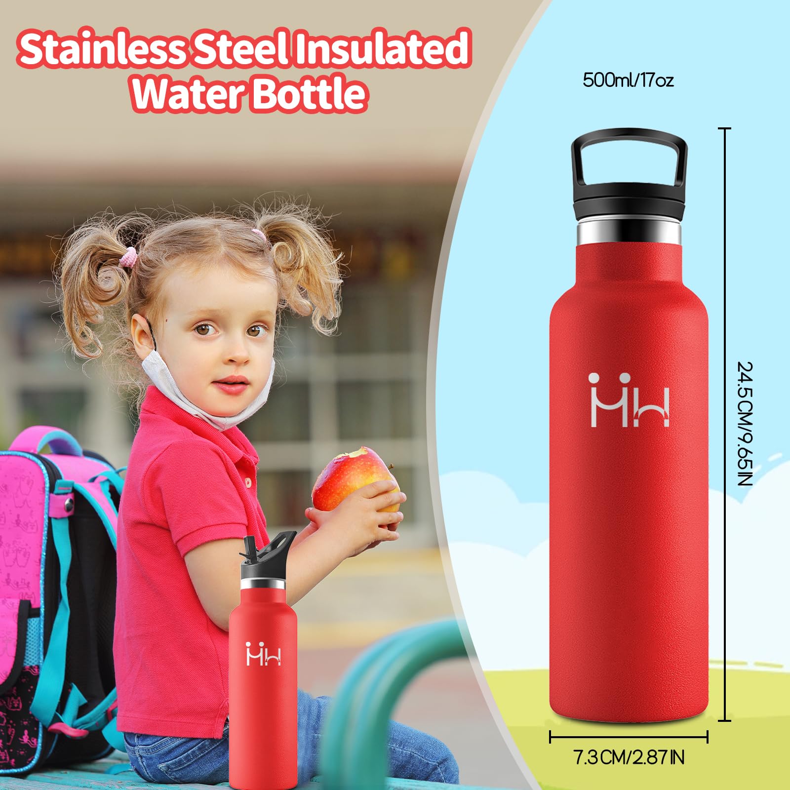 HoneyHolly Borraccia Termica Bambini 500ML, Senza BPA, Bottiglia Termica, Acciaio Inossidabile 18/8, Borraccia Con Cannuccia, A Prova Di Perdite, Borracce Per Scuola, Sport, Ufficio
