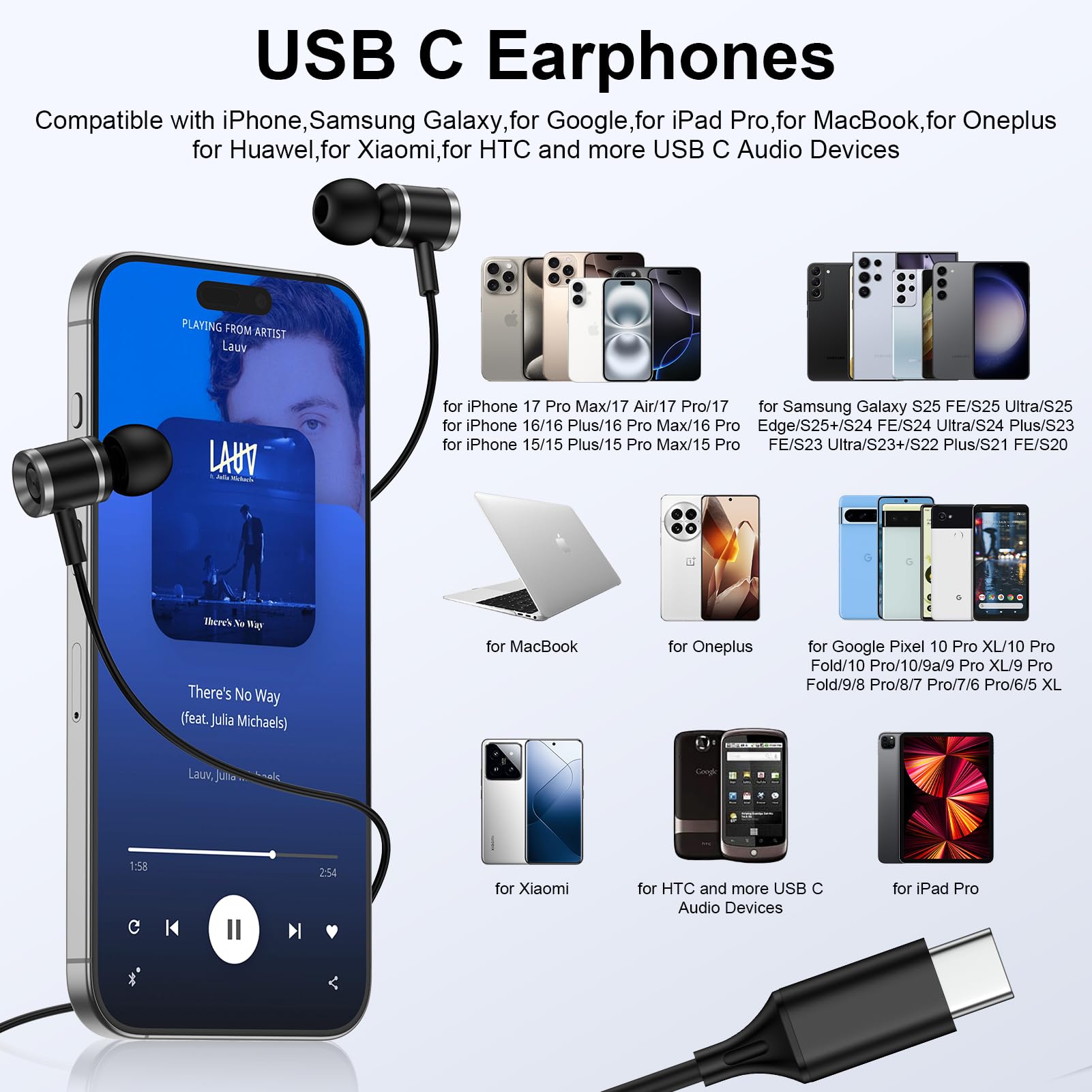 Samsung Earbuds Wired Headphones USB C for Samsung Galaxy S25 FE S25 Ultra A17 5G A36 A16 A56 A35 S24 FE S23 Plus,Wired Earphones USBC Earbuds with Microphone for iPhone 17 Pro Max Air 16e 16Plus 15