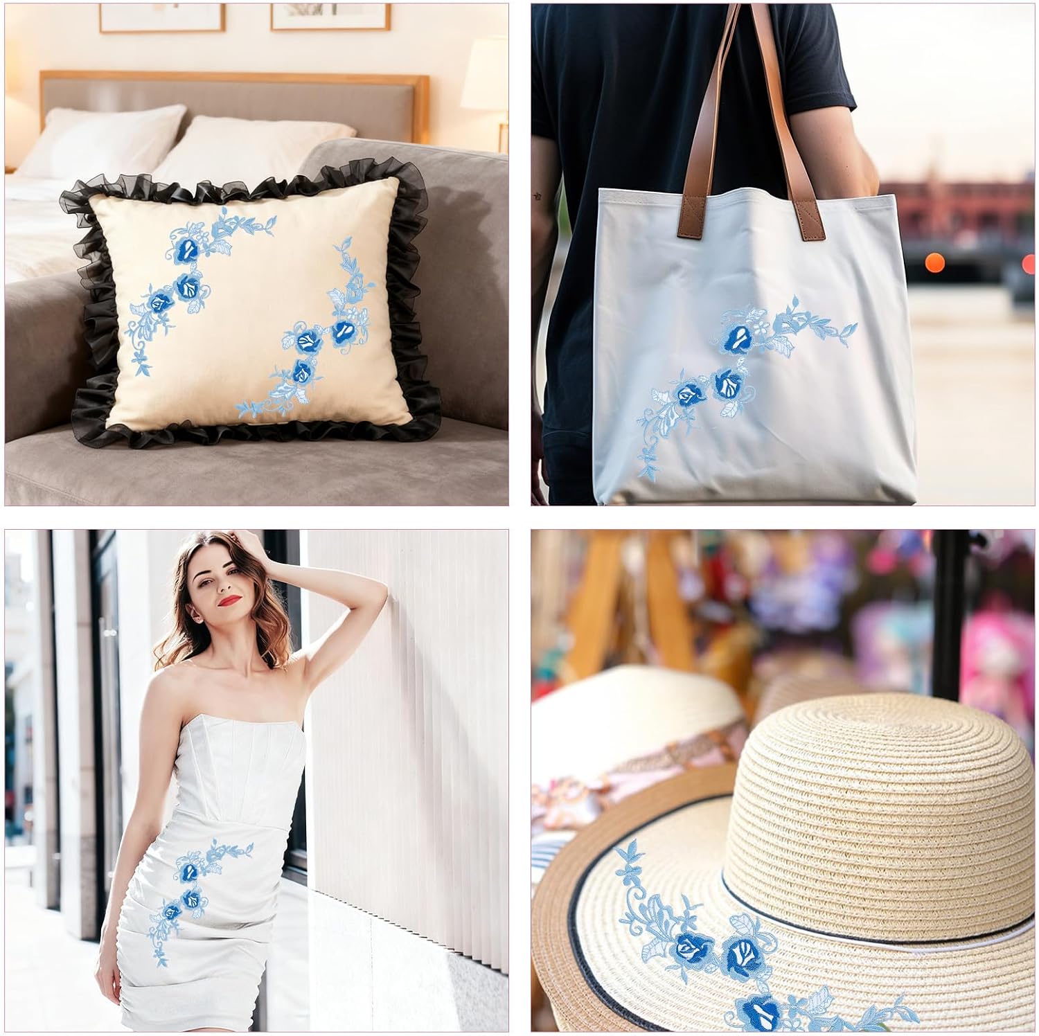 4pcs Embroidery Flower Iron on Patch, Blue Rose Embroidered Lace Flower Appliques, Floral Iron on Patches for Clothing Wedding Bride Evening Dress DIY Decoration
