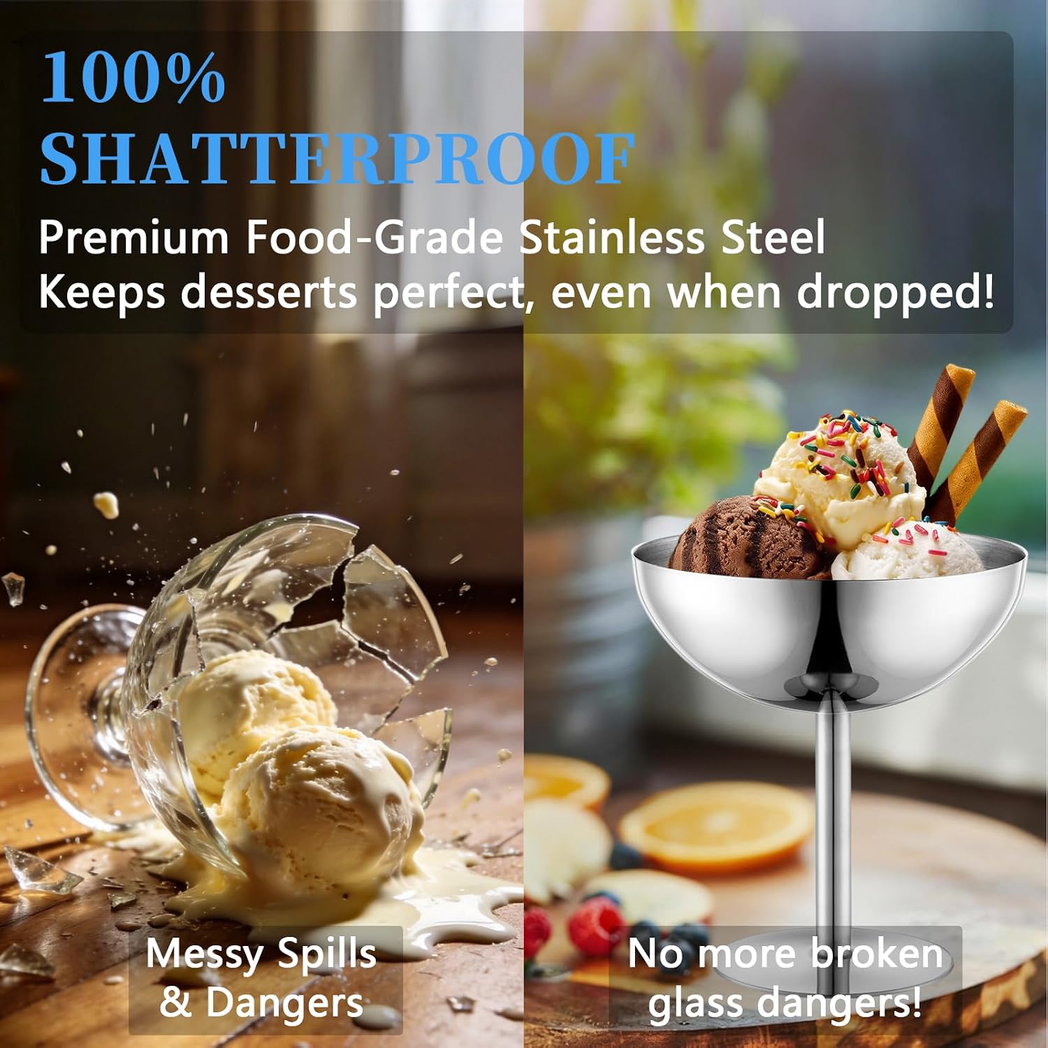 UNISWEET Ice Cream Cups Set of 2 with Spoons, 5 oz Reusable Stainless Steel Dessert Cups, Footed Sundae Bowl for Salad Yogurt Pudding Snacks, Fruit Bowl for Birthday Party Wedding (Glod)