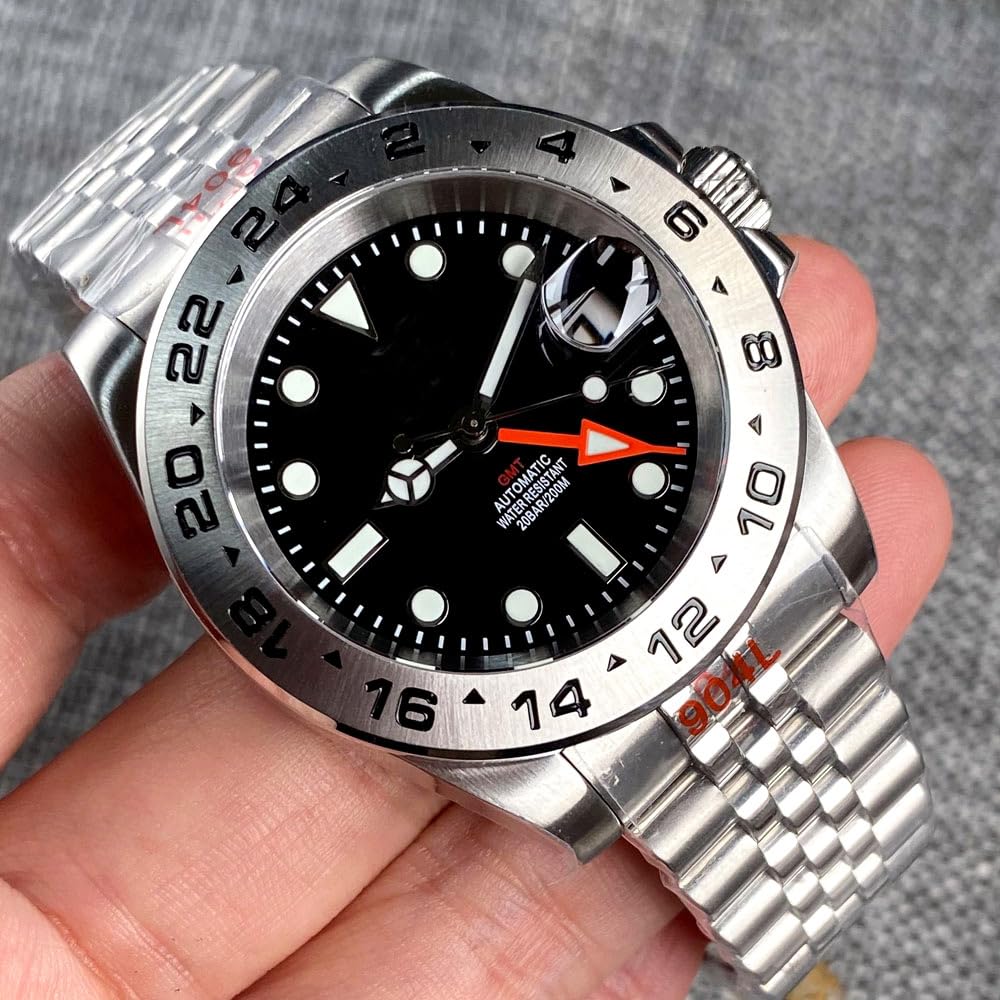 39 mm klassische NH34 Herren-Armbanduhr, automatisch, mechanisch, GMT, schwarzes Zifferblatt, Edelstahl, Saphirglas, wasserdicht