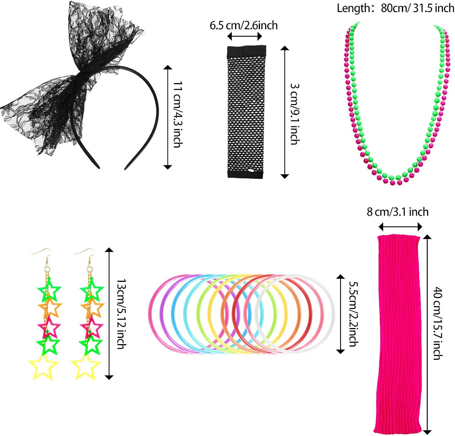 Women 80s Costume Headband Earrings Fishnet Gloves Leg Warmers Necklace Bracelet : Clothing, Shoes & Jewelry