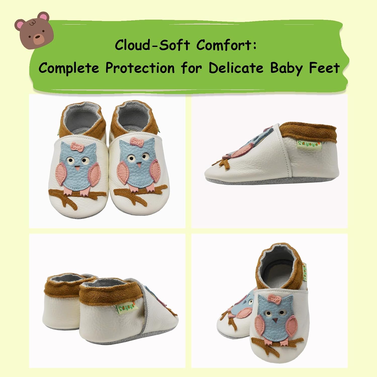 SAYOYO Baby Soft Leather Moccasins（18-24 Months,White (Owl)） | Breathable leather, non-slip suede sole, elastic ankle stays put. Fits 0-36M