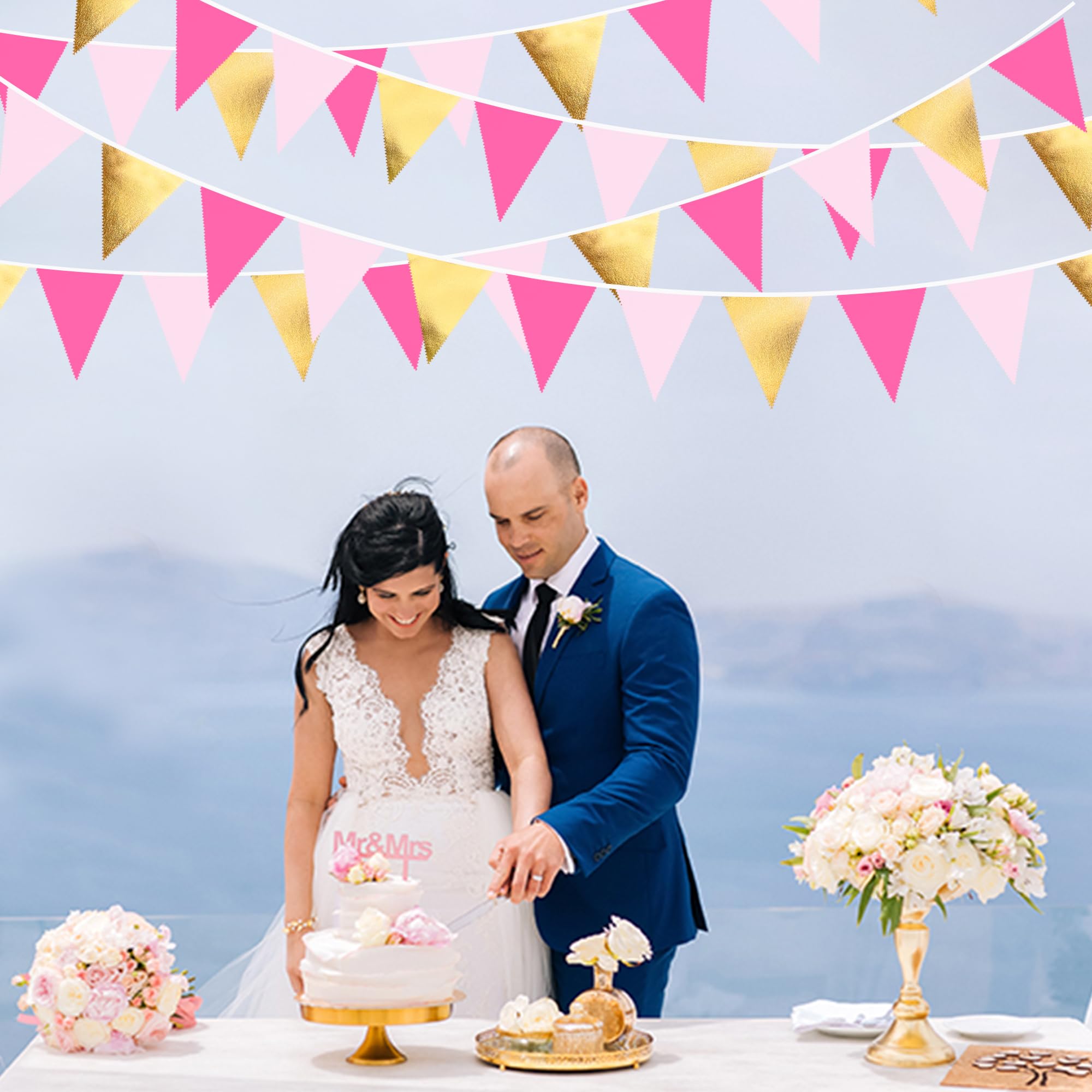 Partydekoration, 90 cm, Rotgold, Metallic-Gold und Hot Pink, Dreieck-Flagge, Stoffbanner, Wimpelkette, Girlande, Luftschlangen für Hochzeit, Babyparty, Geburtstag, Zuhause, Kinderzimmer, Outdoor,