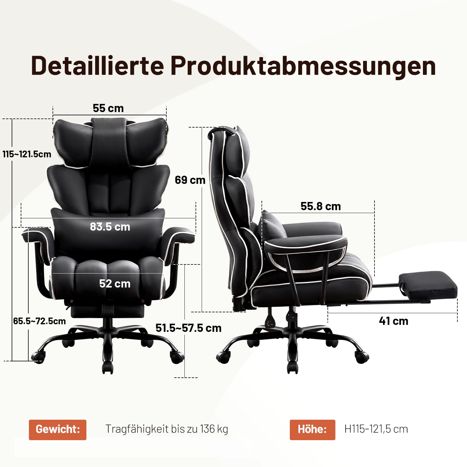 Sedia da gaming ergonomica, in pelle PU, 200 kg, con poggiapiedi e supporto lombare, sedia regolabile con schienale alto, sedia girevole (nero-1)